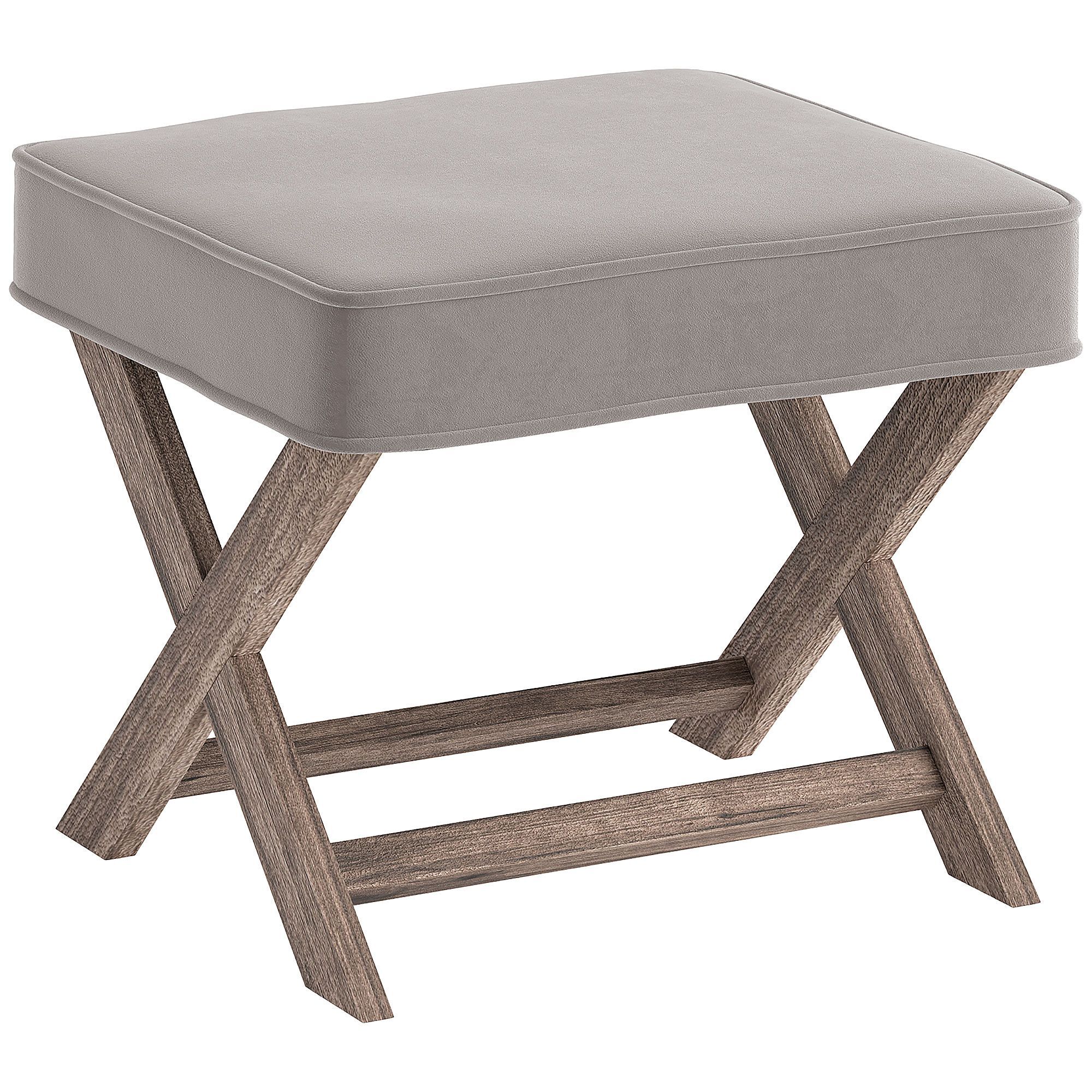 Homcom Vintage Footstool Padded Seat X Leg Chair Velvet Cover Shabby Chic Footrest Solid Rubber Wood 49.5 X 45 X 41 Cm Grey