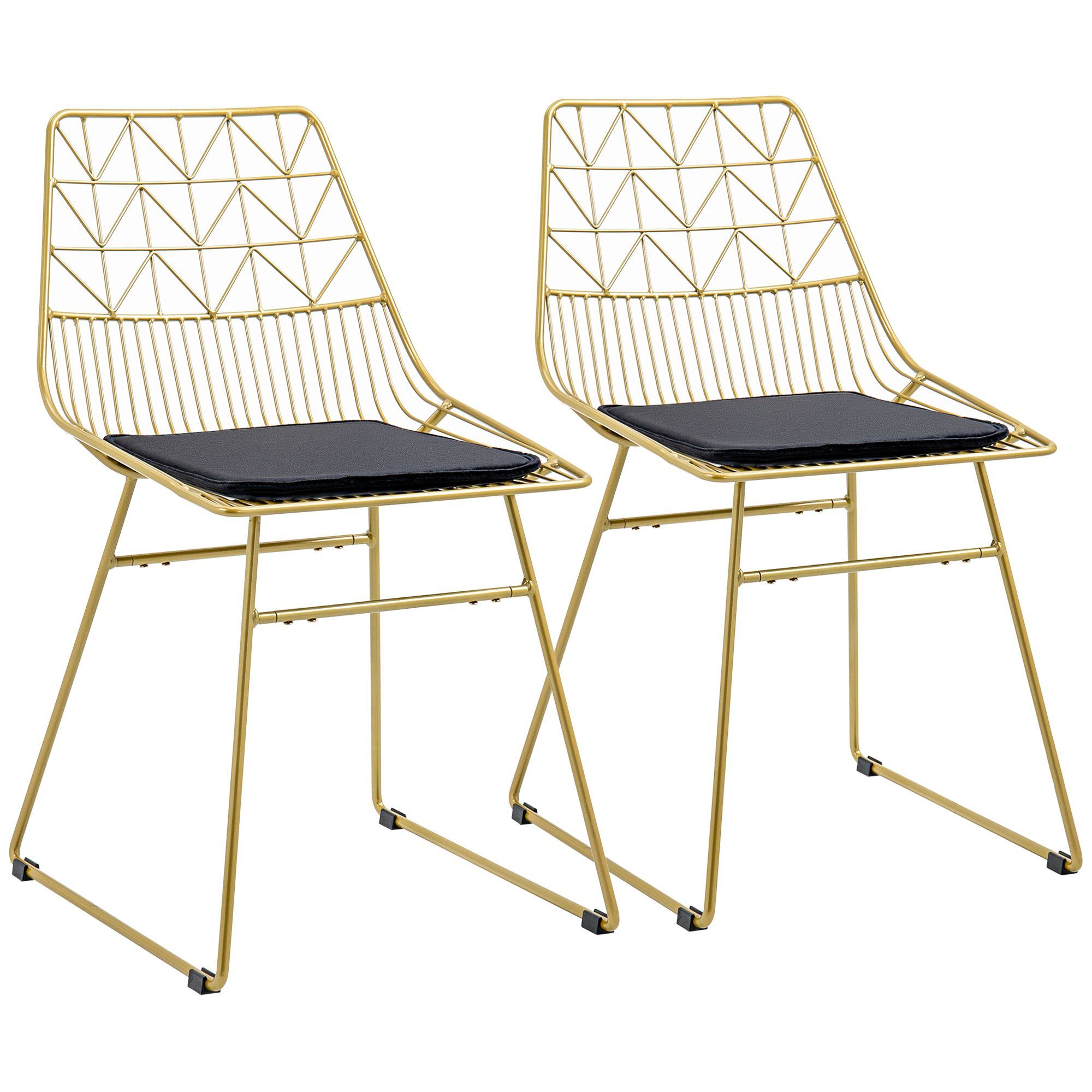 Homcom Luxurious Dining Chairs Set Of 2, Metal Wire Kitchen Chair With Removable Velvet-feel Cushion, Cut-out Back And Steel Frame