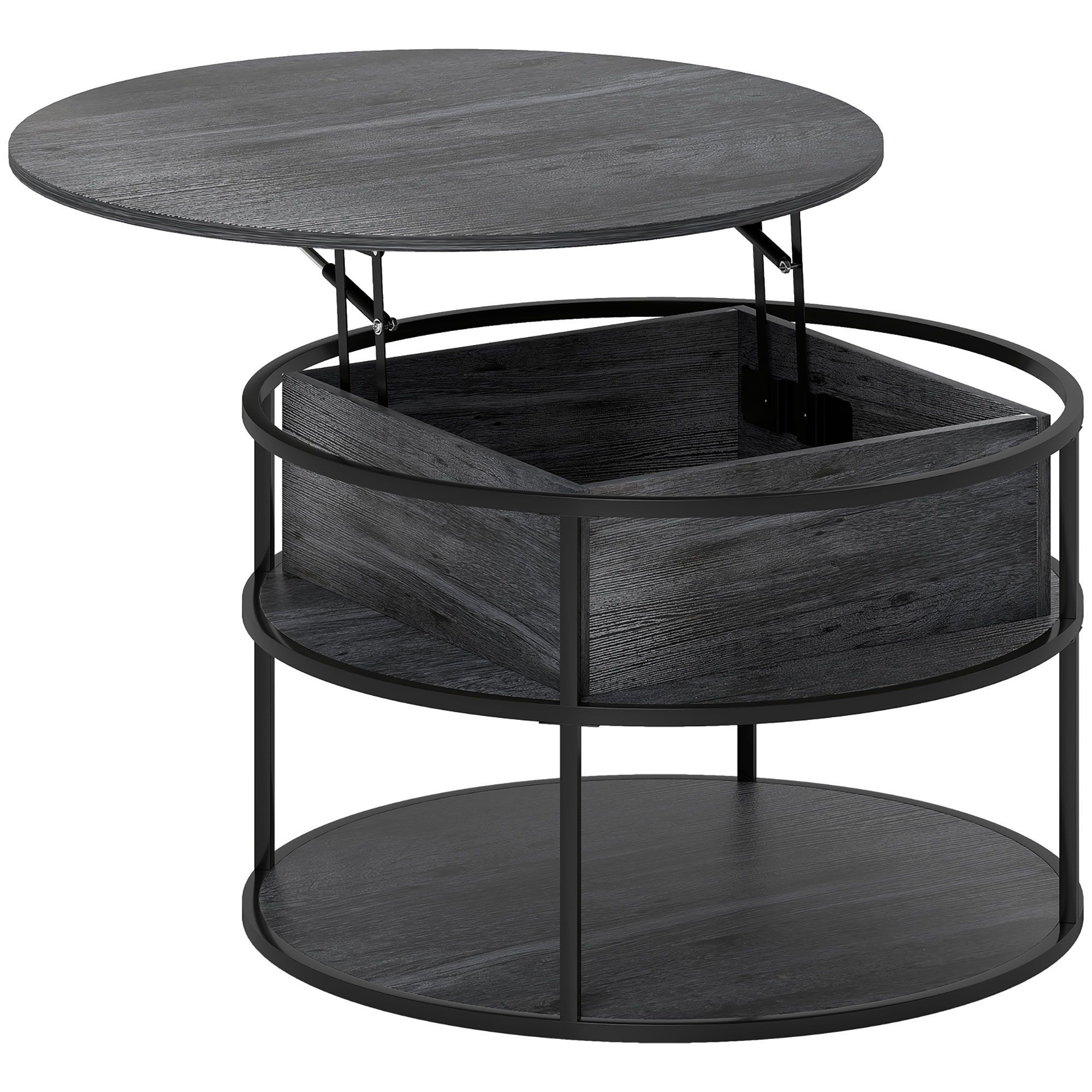 Homcom Lift Top Coffee Table, Round Coffee Table With Storage Shelf, Hidden Compartment And Steel Frame For Living Room, Home Office, Charcoal Grey