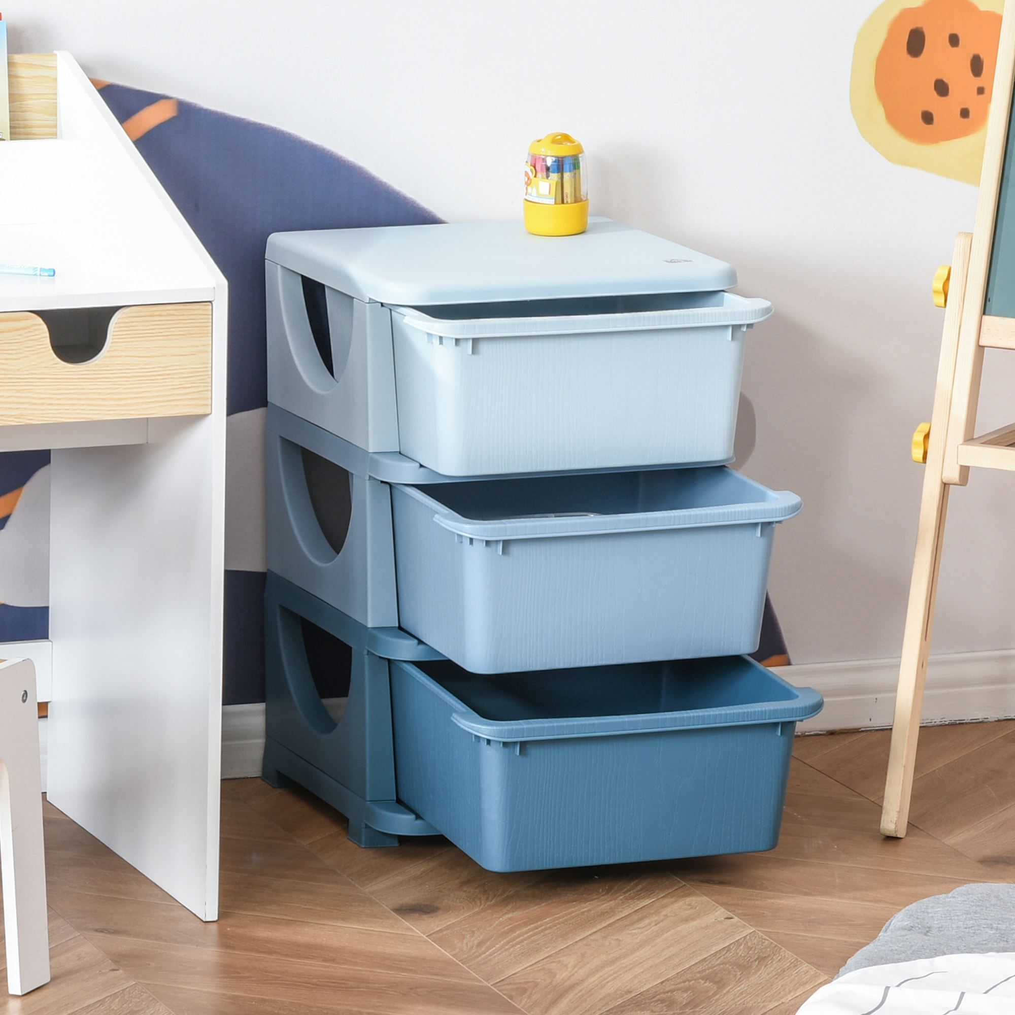 Homcom Kids Storage Units With Drawers 3 Tier Chest Vertical Dresser Tower Toy Organizer For Nursery Playroom Kindergarten Blue