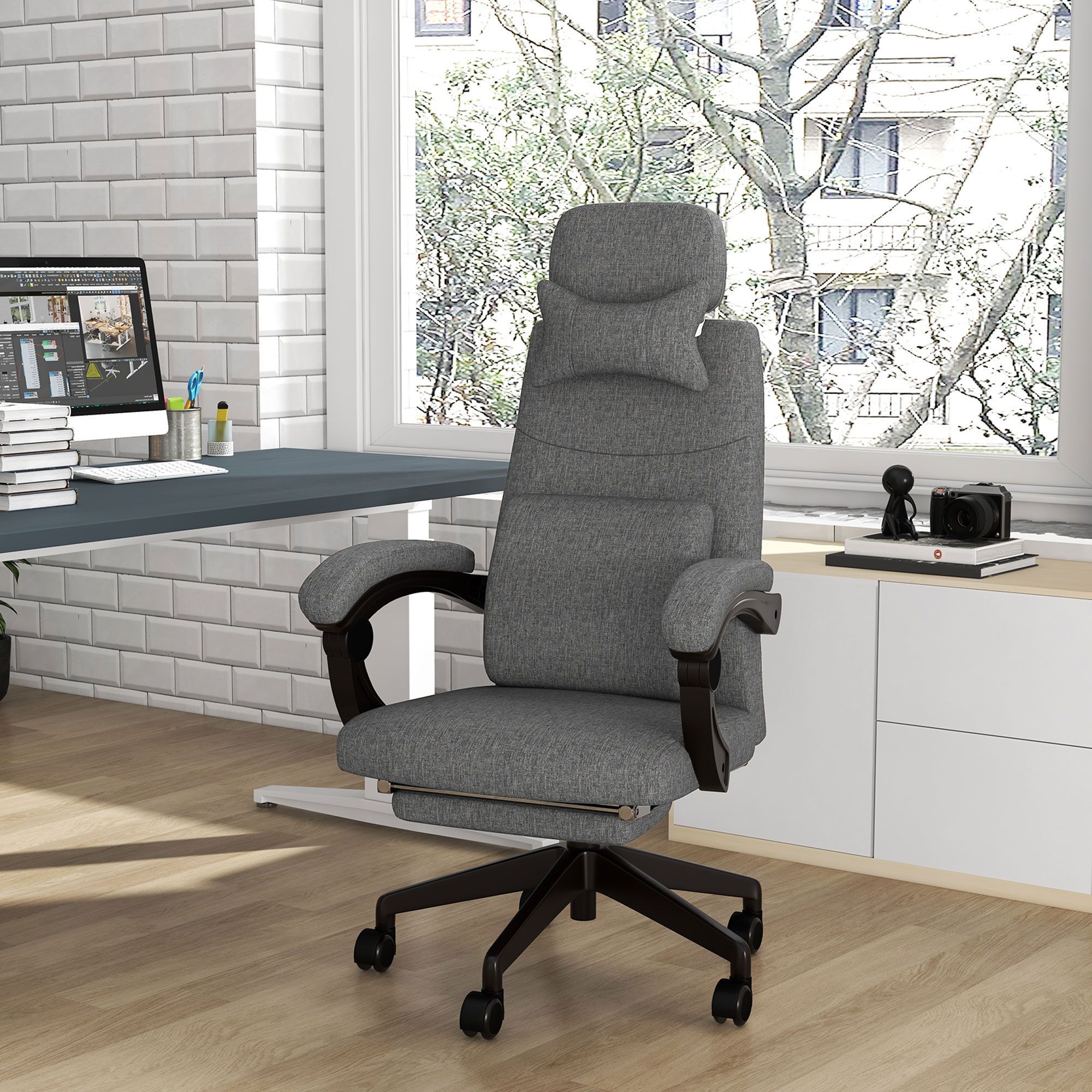 Vinsetto High Back Office Chair Reclining Computer Chair With Footrest Lumbar Support Adjustable Height Swivel Wheels Dark Grey