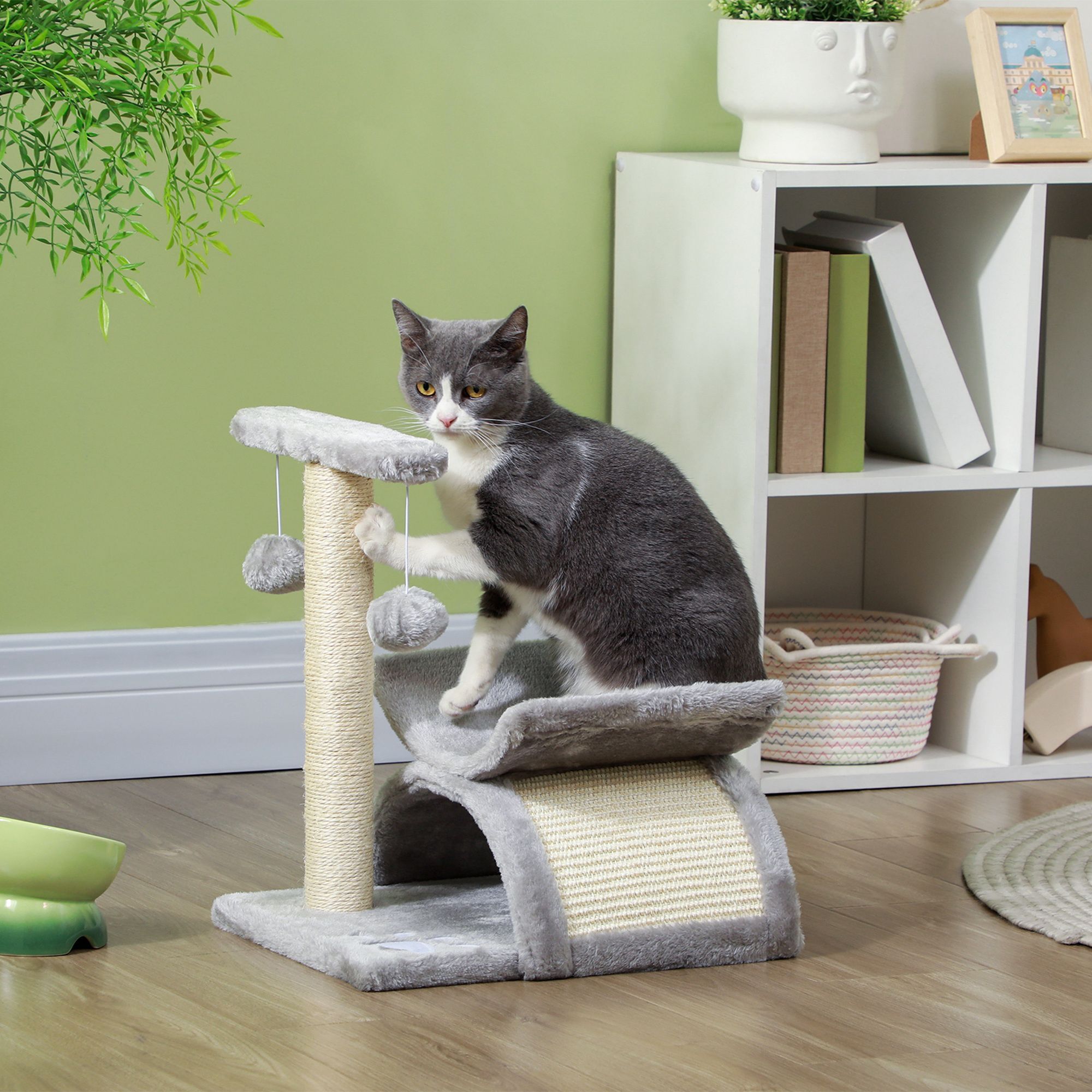 Pawhut Cat Tree With Sisal Scratching Post, Cat Tower For Kittens, Small Cat Condo With Rotatable Top Bar, Tunnel, Dangling Balls, Grey