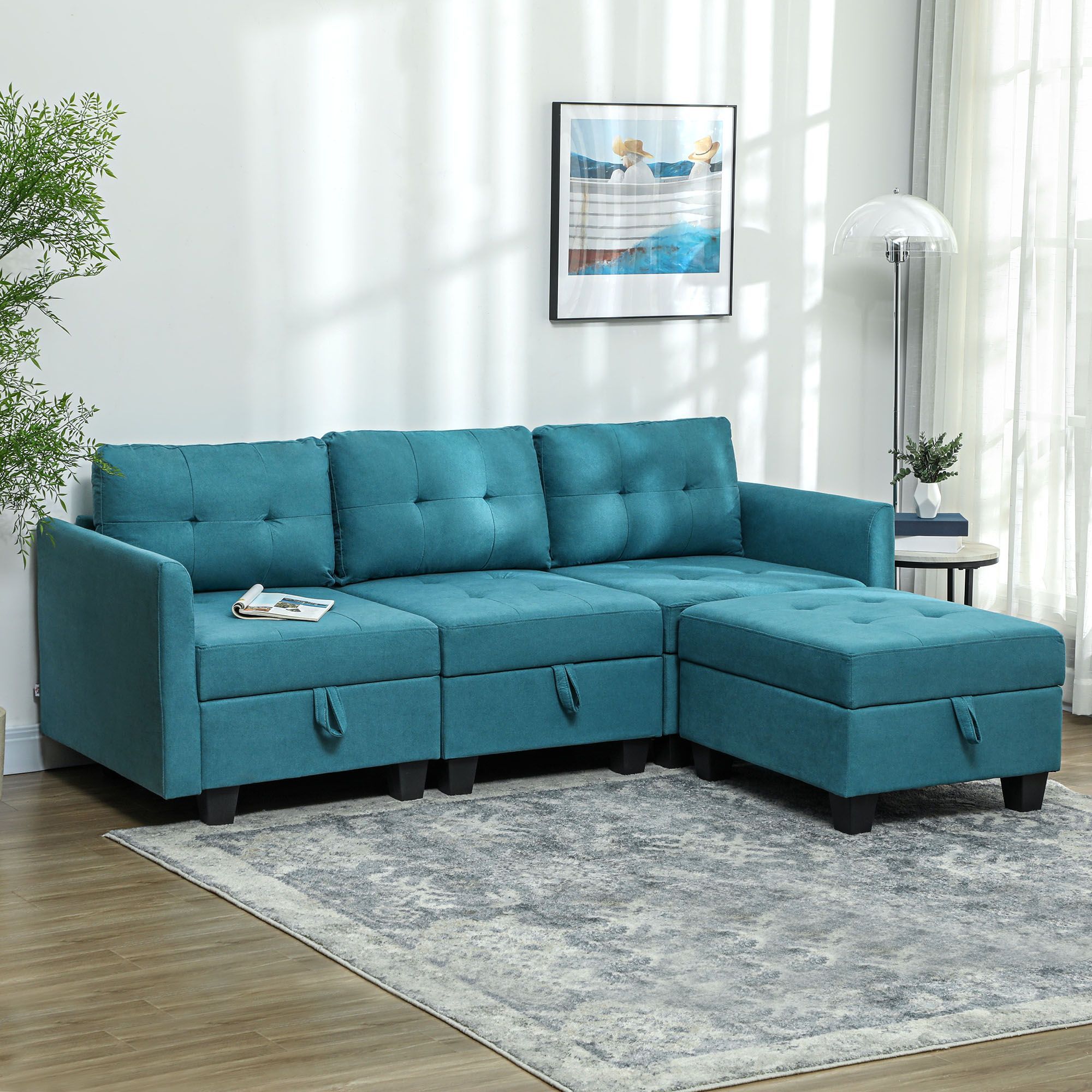 Homcom 'l' Shape Modular Sofa, With Storage - Light Blue