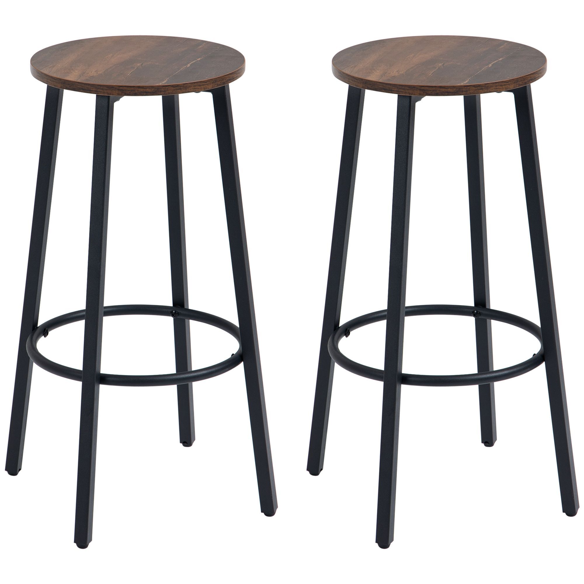 Homcom Set Of 2 Bar Chairs With Round Footrest And Steel Legs,industrial Bar Stools, Rustic Brown