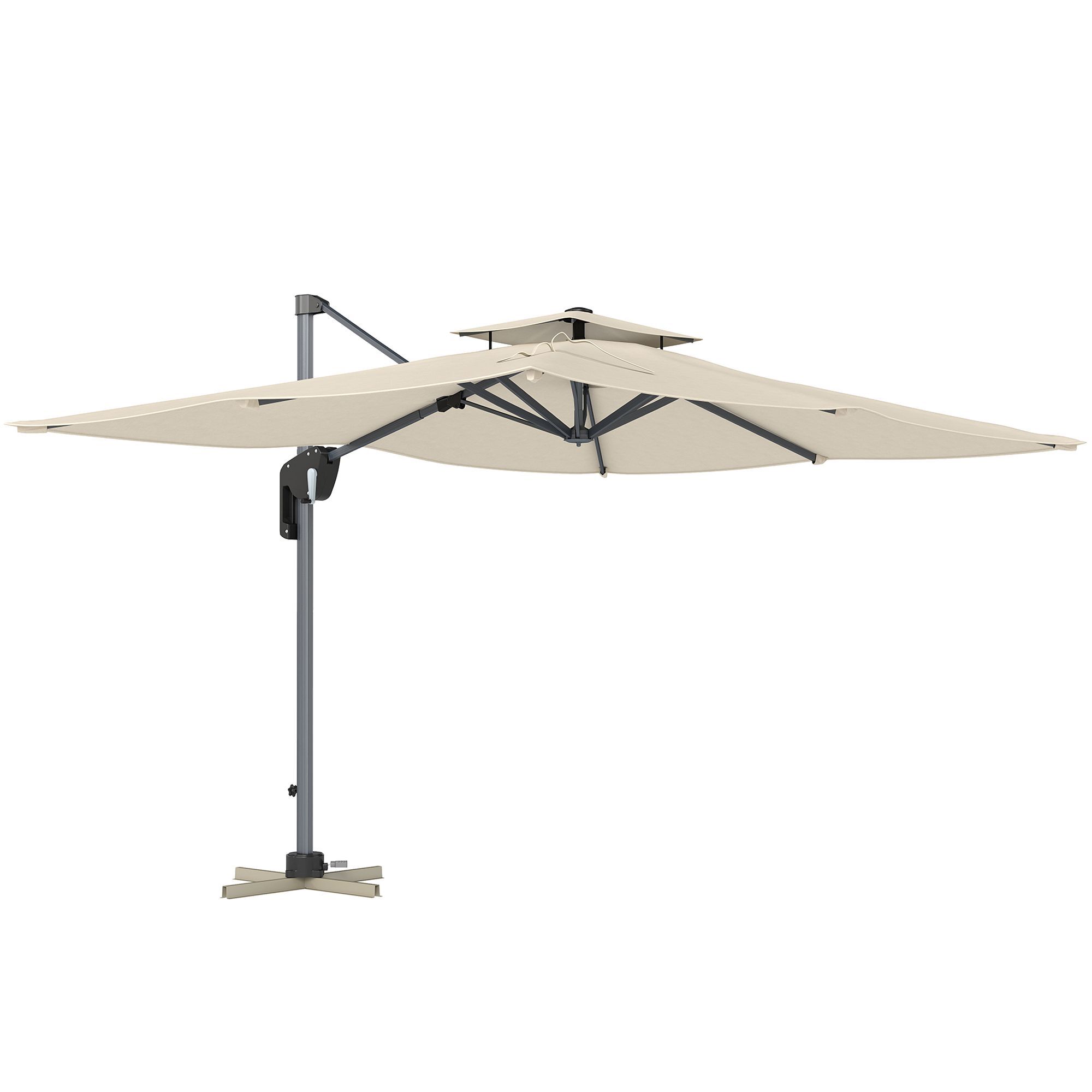Outsunny 3.7 X 2.7 M Cantilever Parasol W/ 360° Rotation And Easy Tilt Adjustment, Aluminium Hanging Offset Outdoor Umbrella W/ Double Top And Cross Base, Upf50+ Hanging Sun Shade, Grey Wood Effect