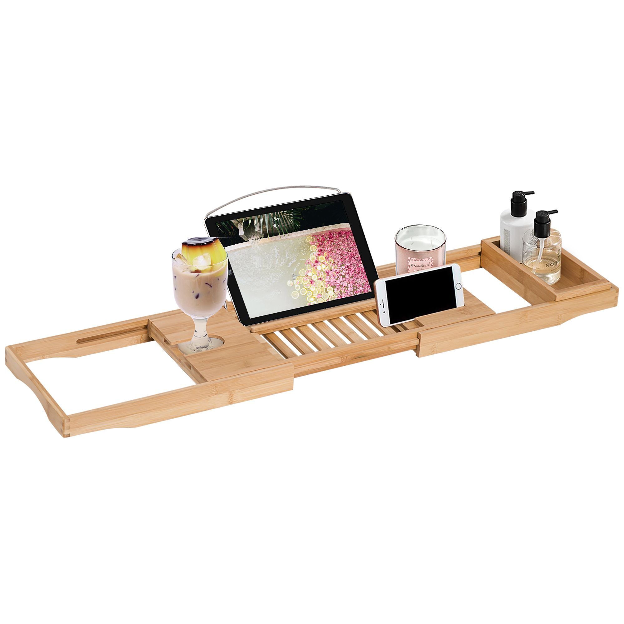 Homcom Extendable Bamboo Bathtub Shelf Rack Bath Caddy Tray Bathroom Storage 75-109lx23.5wx4t Cm