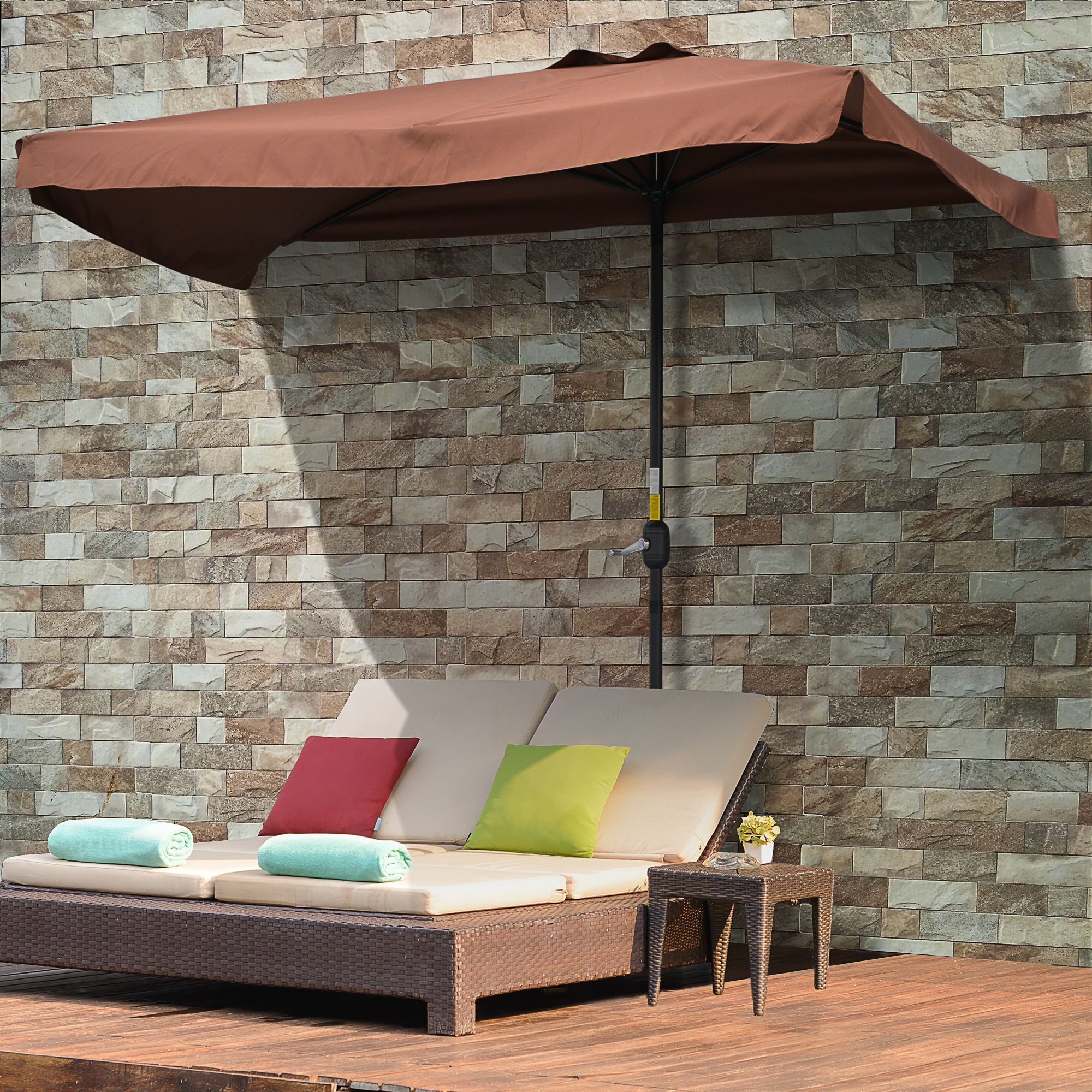 Outsunny 2.3m Patio Semi Round Half Parasol Umbrella With Metal Frame Crank Handle For Balcony- No Base Included, Brown