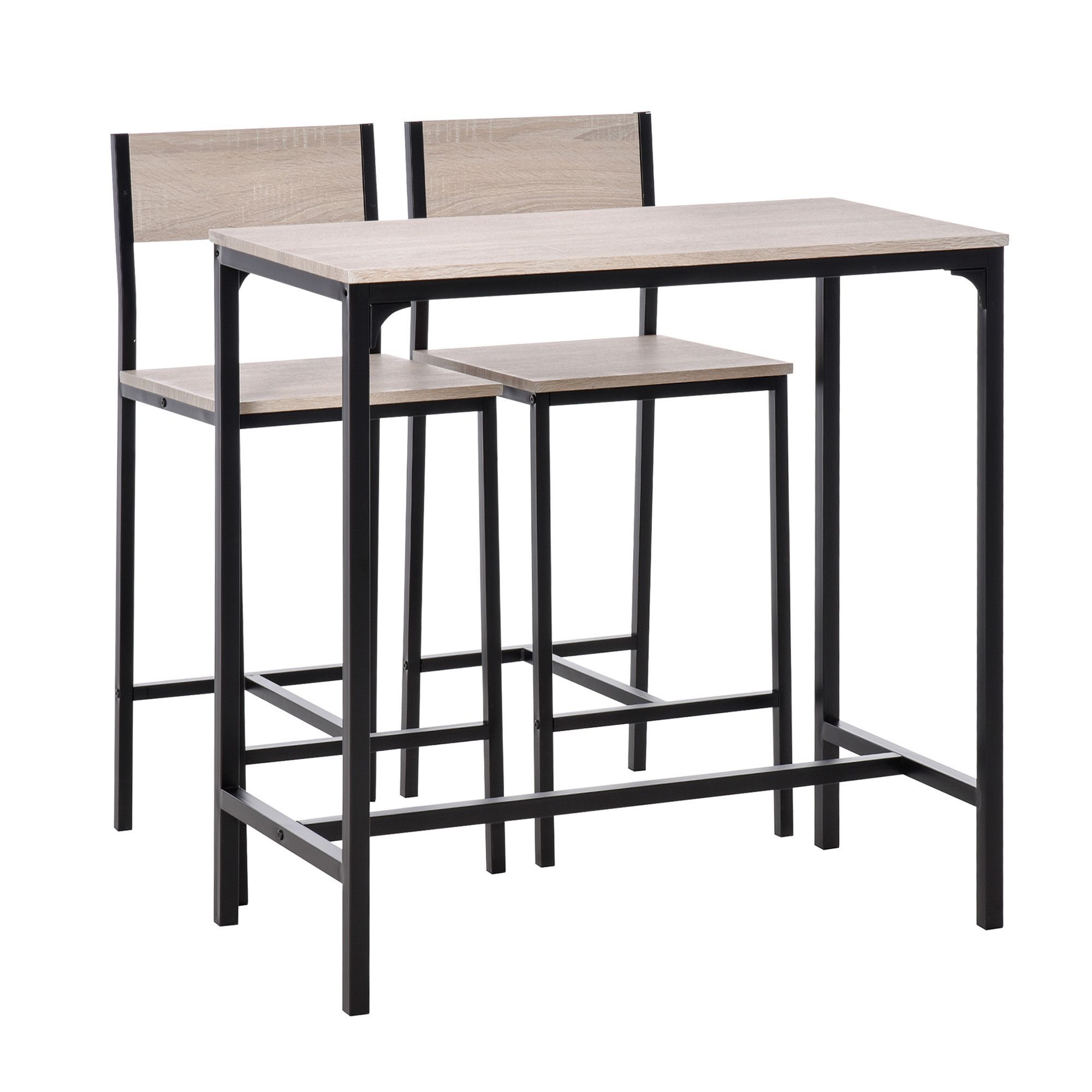Homcom 3 Pcs Table Stool Set Industrial Design W/ Metal Frame Oak Tone Mdf Panels Minimal Compact Beautiful