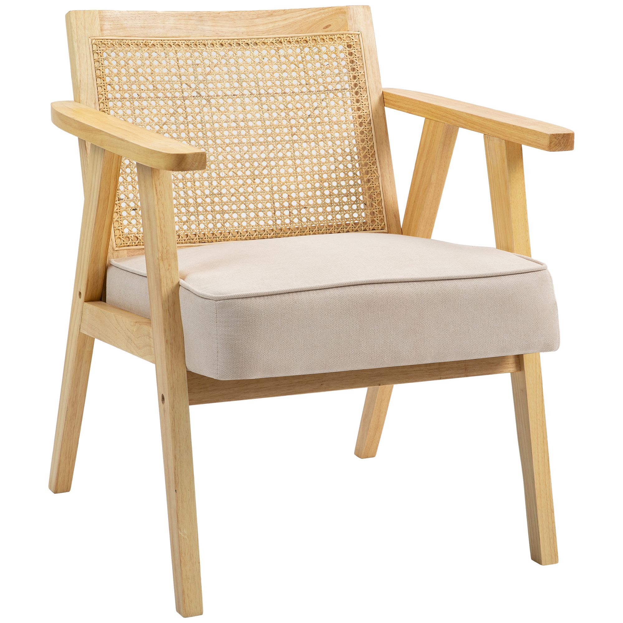 Homcom Bohemian Armchair, Fabric Accent Chair With Rattan Back, Rubber Wood Frame And Padded Seat Cushion, Natural Wood Finish