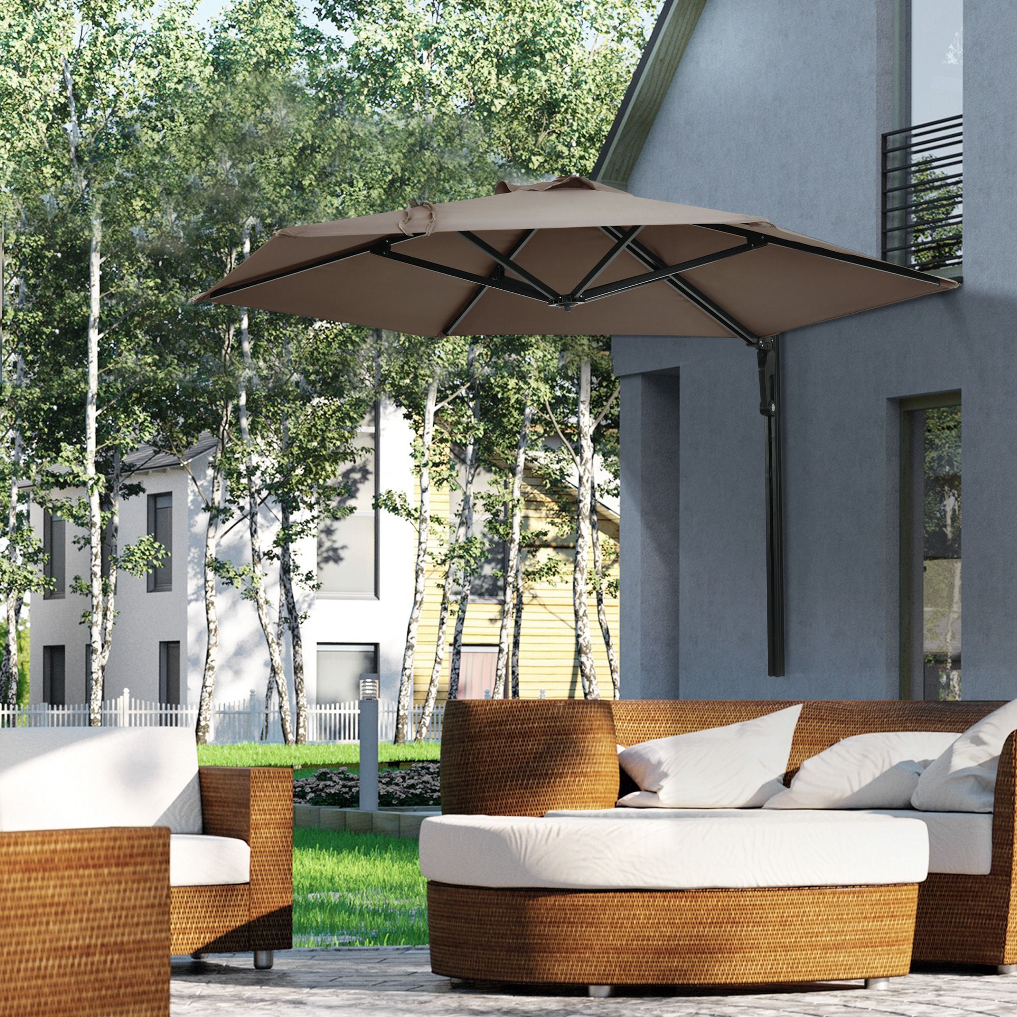 Outsunny Wall Mounted Parasol, Hand To Push Outdoor Patio Umbrella With 180 Degree Rotatable Canopy For Porch, 250 Cm, Khaki
