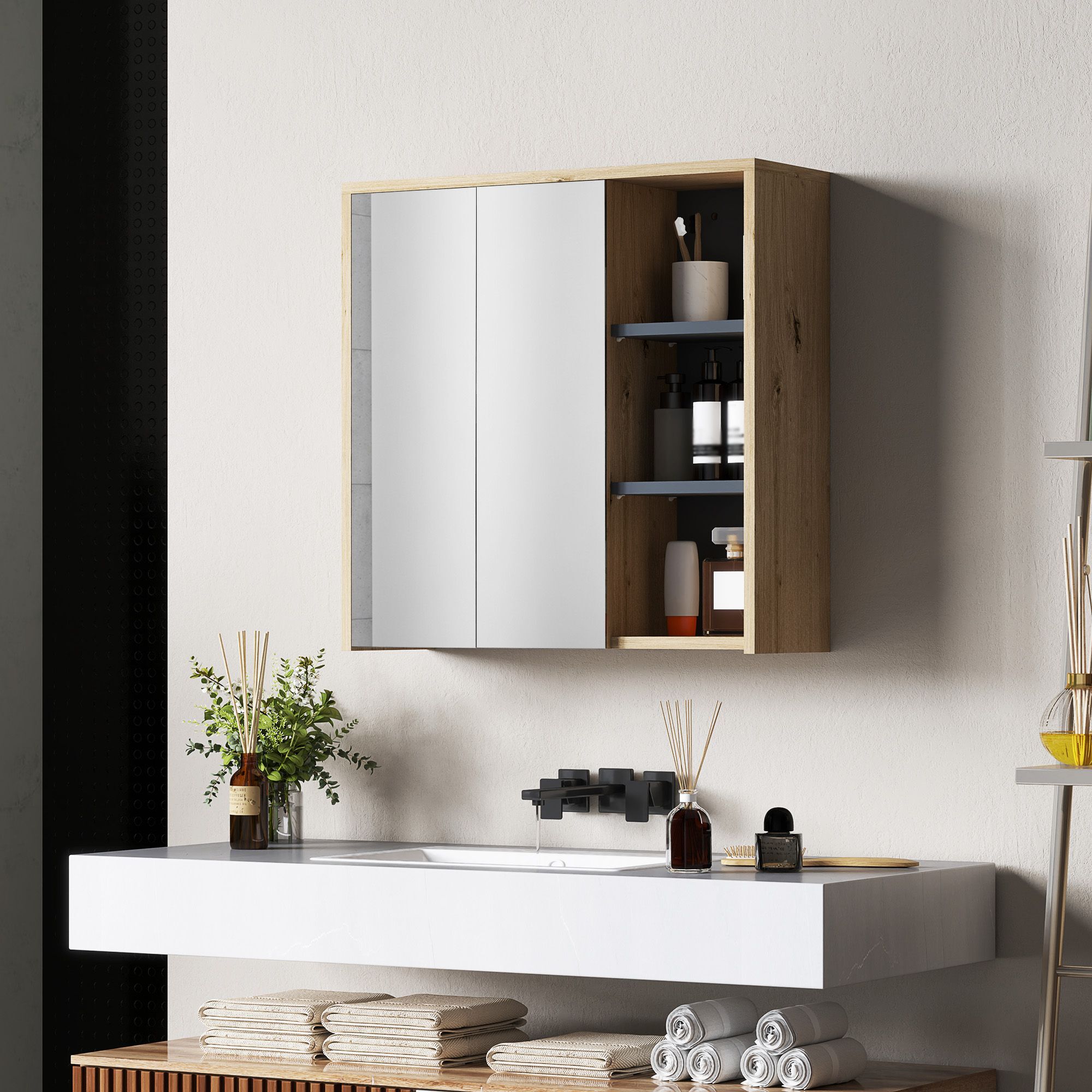 Homcom Five-shelf Mirrored Bathroom Cabinet - Wood-effect