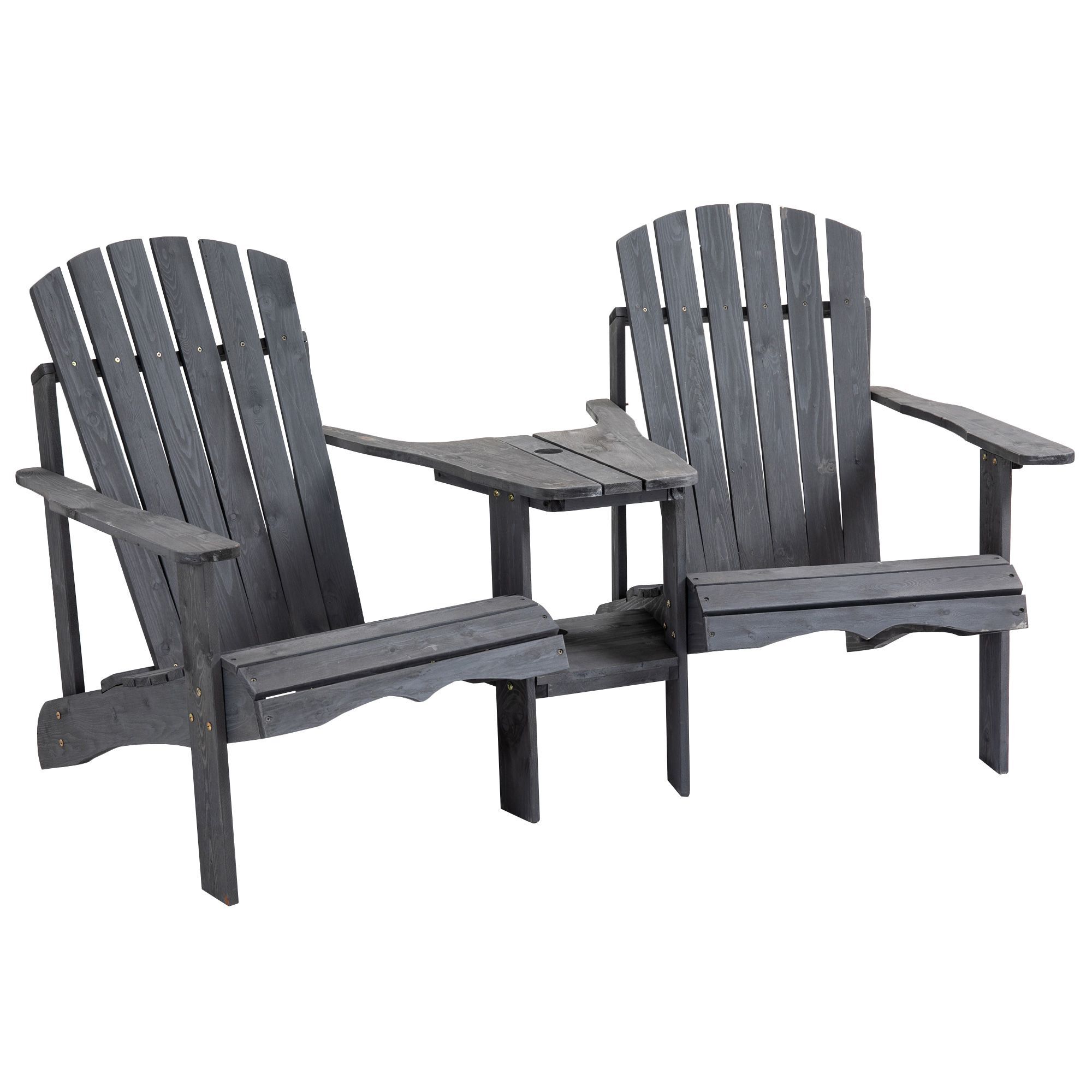 Outsunny Wooden Outdoor Double Adirondack Chairs Loveseat W/ Center Table And Umbrella Hole Grey