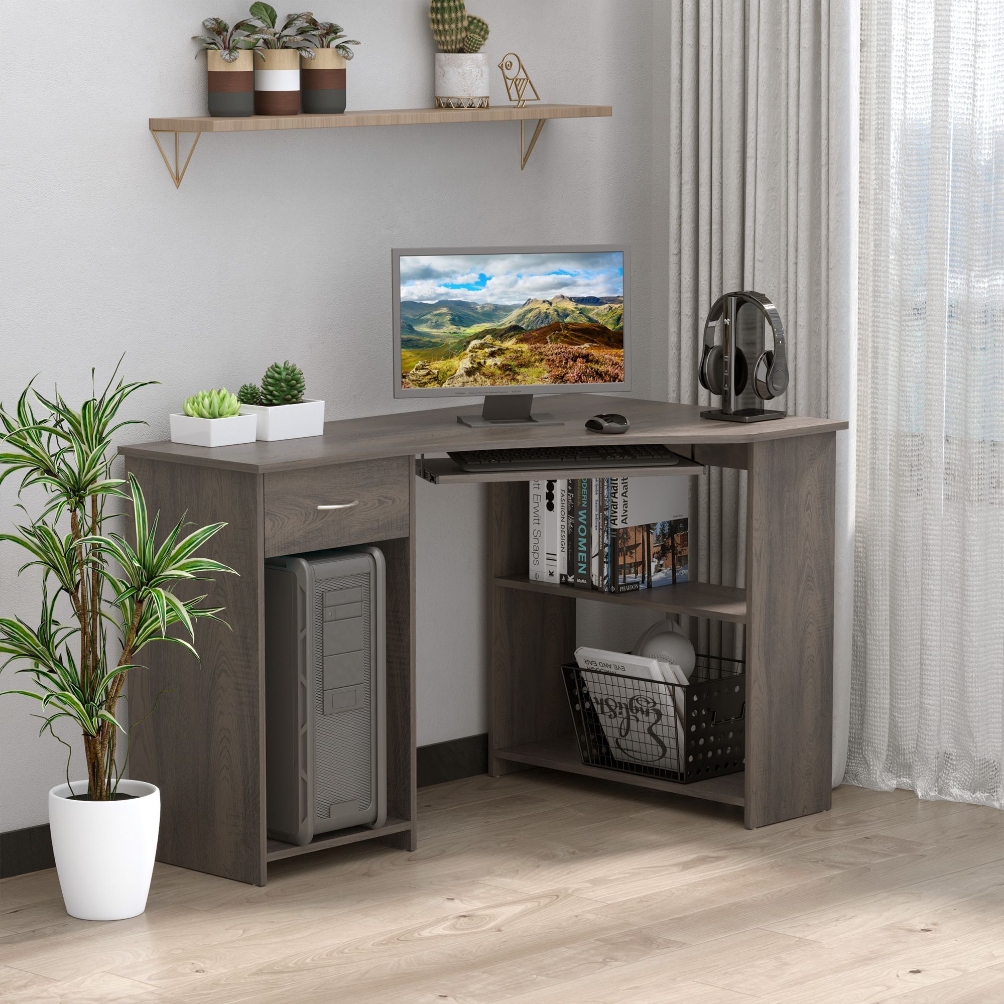 Homcom L-shaped Corner Computer Desk W/ 2 Shelves Wide Worktop Keyboard Tray Drawer & Cpu Stand Home Office Study Bedroom Furniture Grey
