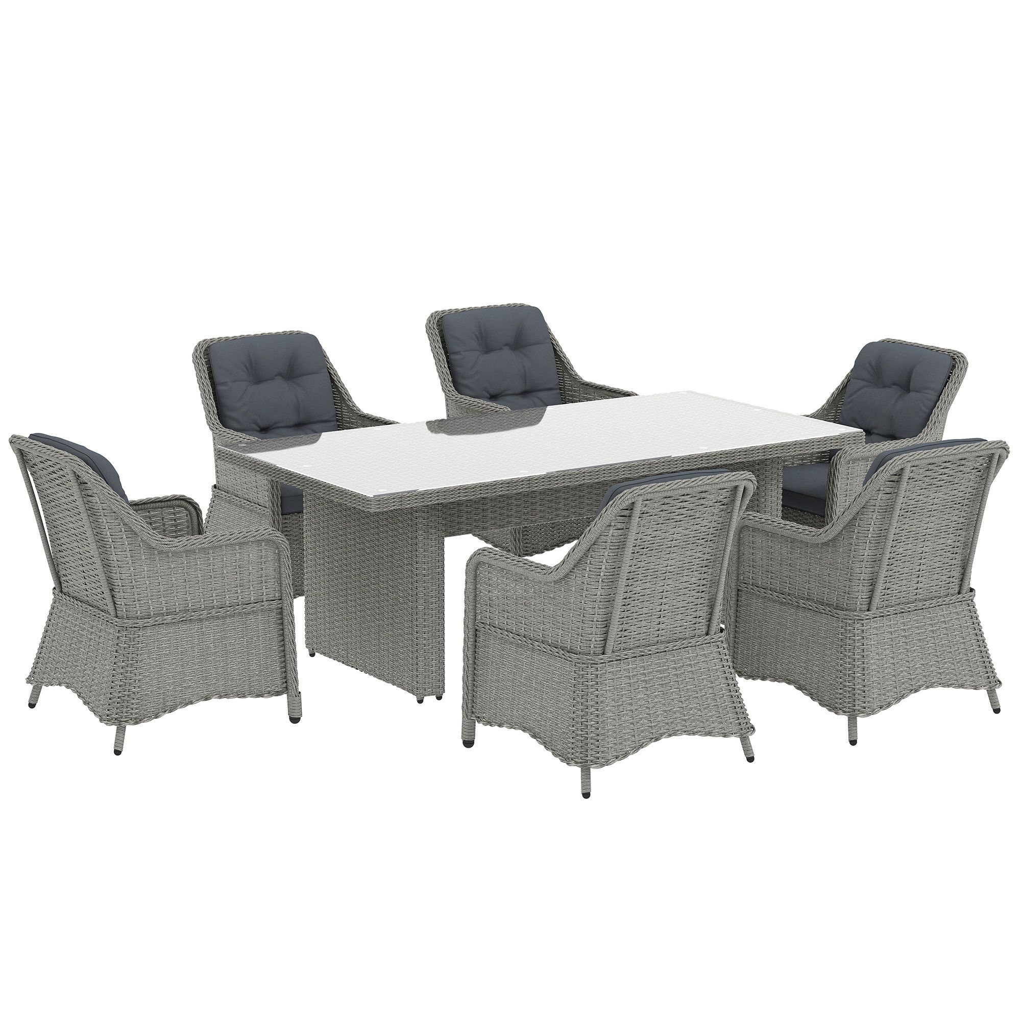Outsunny 6 Seater Rattan Dining Set, Round Pe Rattan Garden Furniture Set With Seat And Back Cushions, Aluminium Outdoor Dining Table And Chairs With 6 Armchairs, Rectangular Glass Top Table, Grey