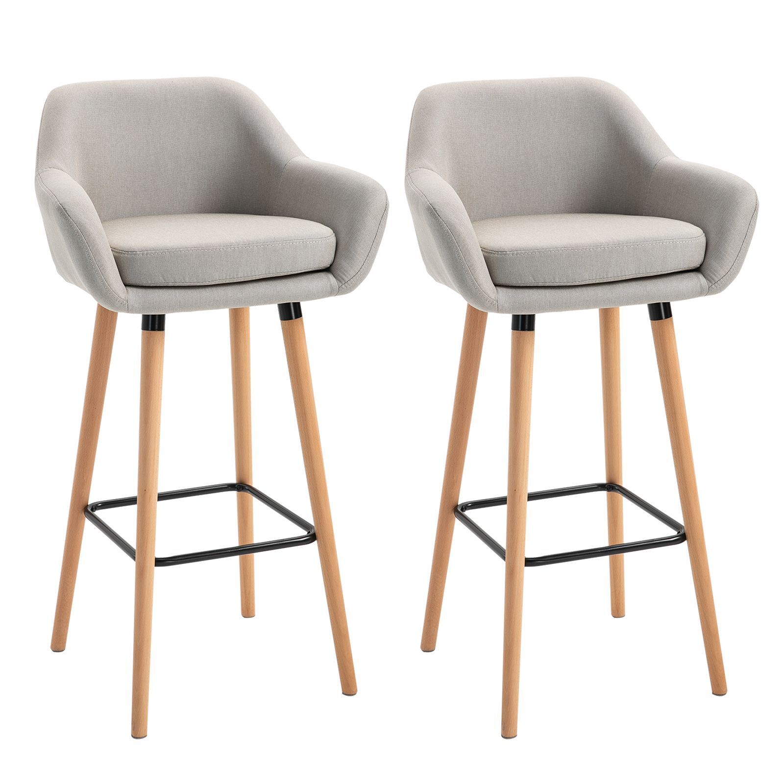 Homcom Set Of 2 Bar Stools Modern Upholstered Seat Bar Chairs W/ Metal Frame, Solid Wood Legs - Beige