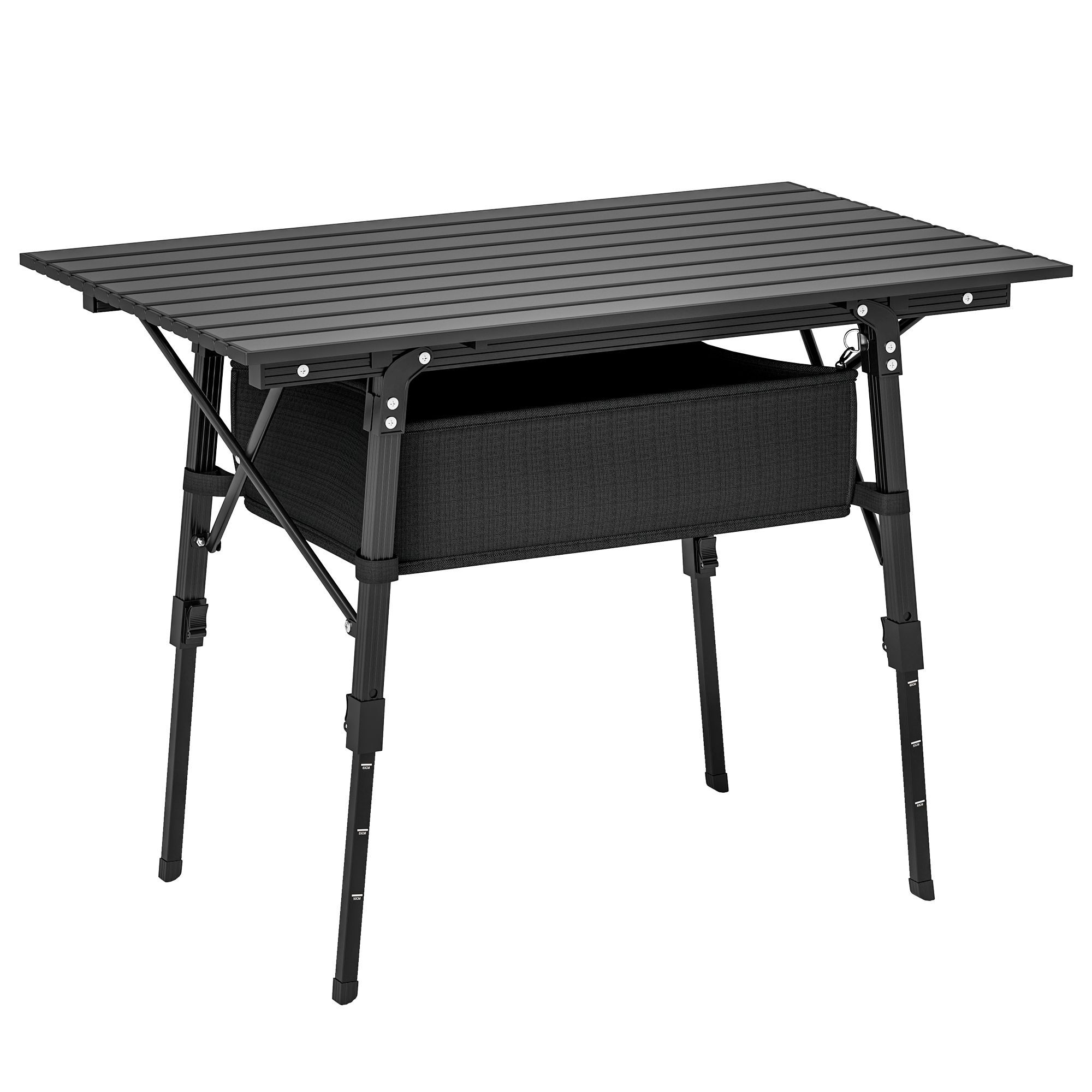 Outsunny Folding Camping Table, 90 X 55 Cm Height Adjustable Portable Collapsible Table, 3ft Lightweight Aluminium Rollup Picnic Table With Storage Basket For Outdoor Garden Party Bbq, Black