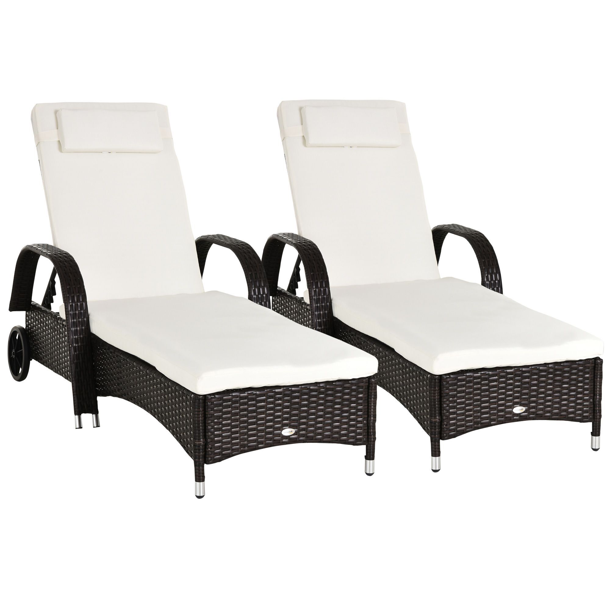 Outsunny 2pc Rattan Sun Lounger Recliner Bed Reclining Chair Patio Garden Outdoor Wicker Weave Adjustable Headrest With Fire Retardant Cushion – Brown