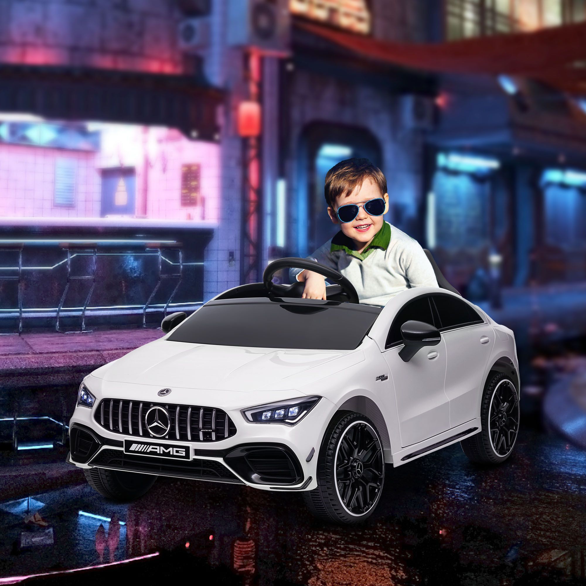 Aiyaplay Mercedes-amg Cla 45 Licensed 12v Kids Electric Car Ride On Car W/ Remote, Suspension Lights Music Horn - White