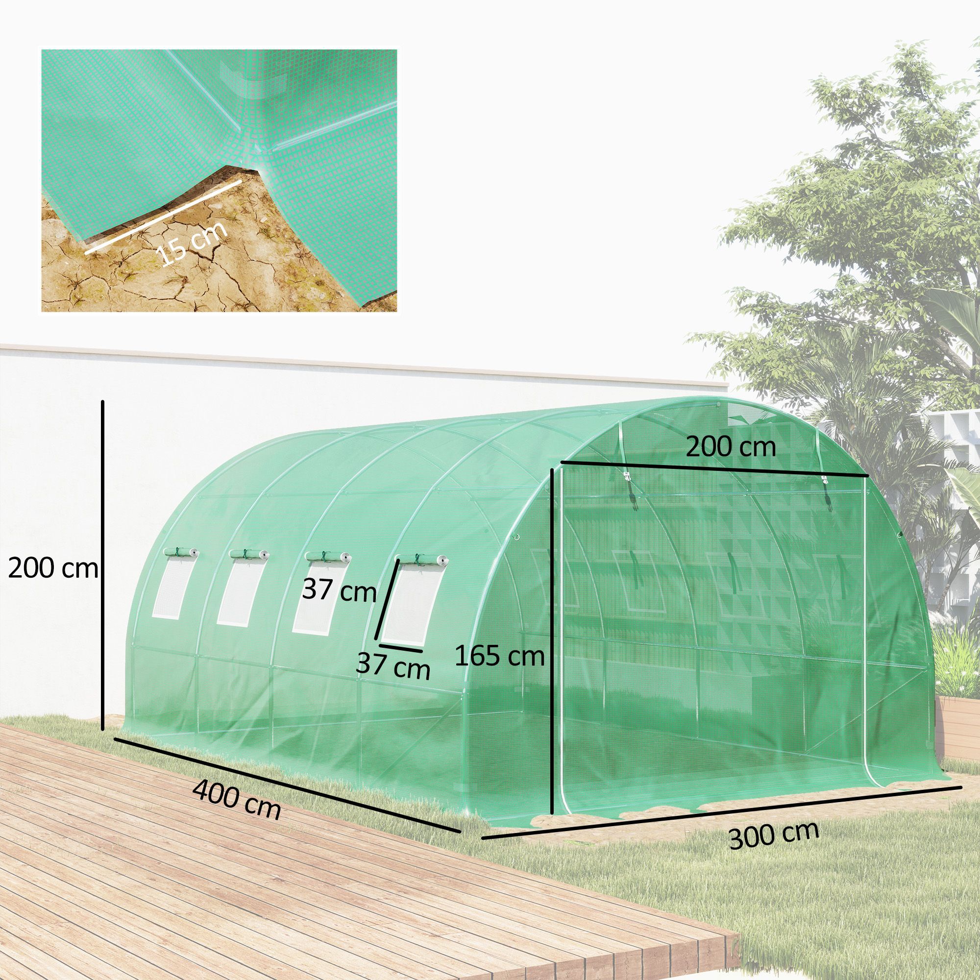 Outsunny 4 X 3 X 2m Greenhouse Replacement Cover Only Winter Garden Plant Pe Cover For Tunnel Walk-in Greenhouse With Roll-up Windows Door Outdoor, Green