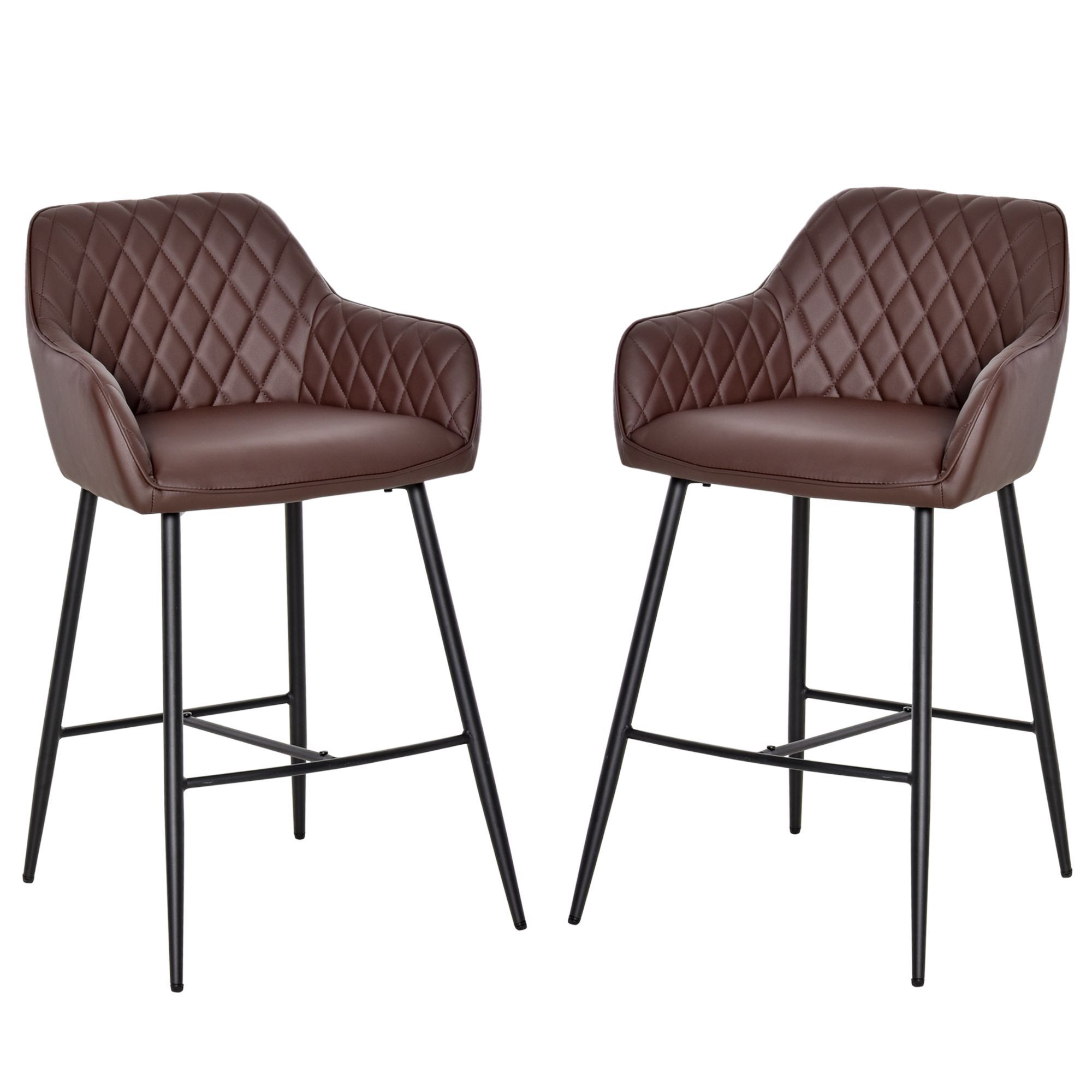 Homcom Set Of 2 Bar Stools With Backs Retro Pu Leather Bar Chairs W/ Footrest Metal Frame Comfort Support Stylish Dining Seating Home Brown