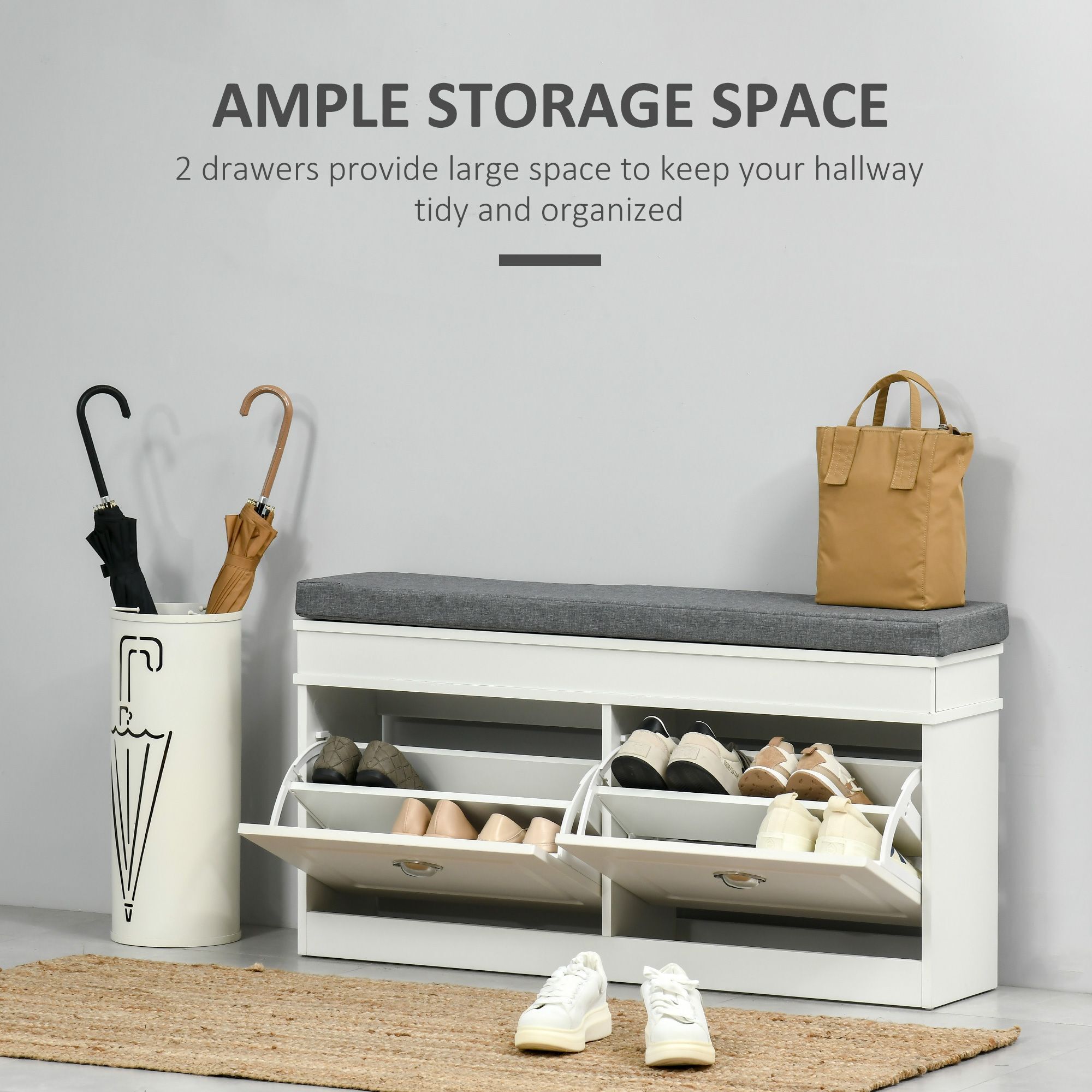 Homcom Shoe Storage Bench With Seat Cushion Hallway Cabinet Organizer With 2 Drawers Adjustable Shelf White