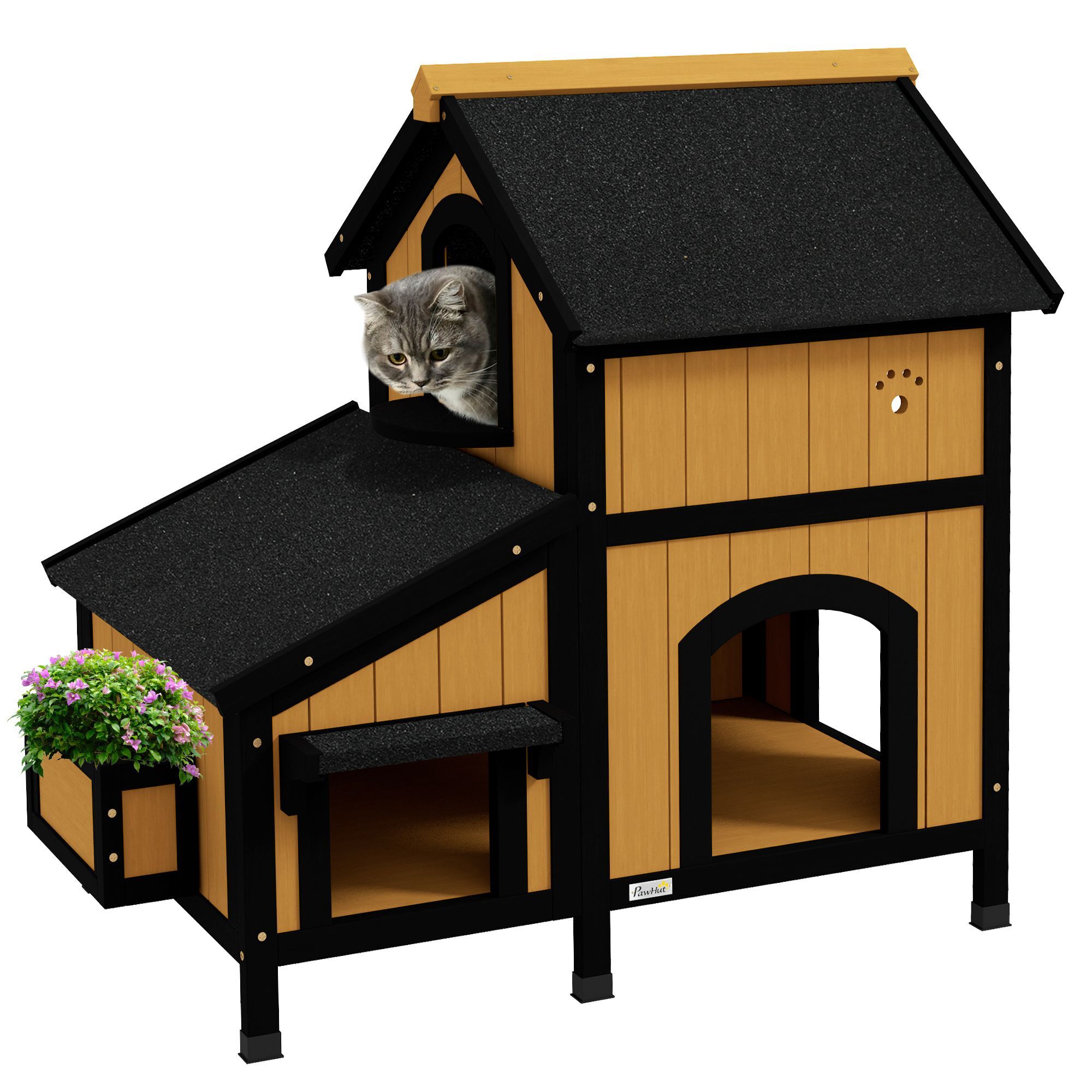 Pawhut Wooden Cat House With Flower Pot, Windows, Multiple Entrances, Water-resistant Roof For Outdoor - Yellow