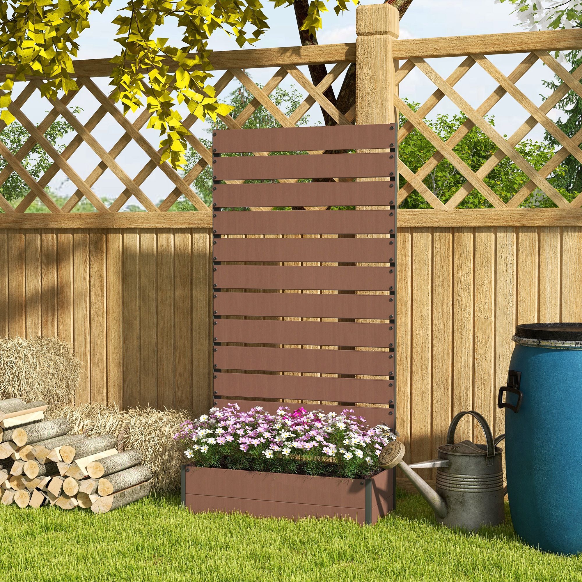 Outsunny Raised Bed For Garden, Planter With Trellis For Climbing Plants, Vines, Planter Box With Drainage Gap, Light Brown