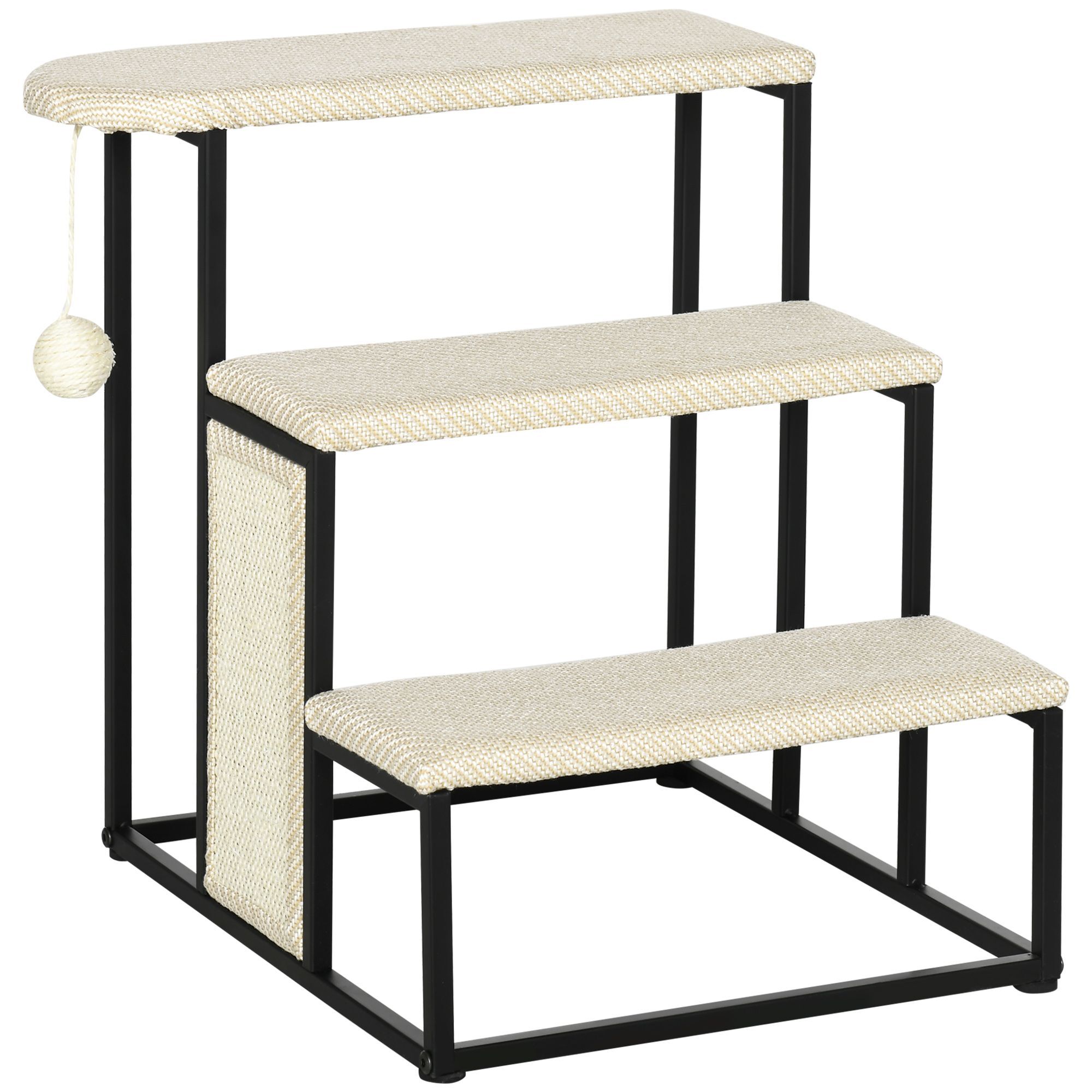 Pawhut Cat Stairs, 3 Steps For Sofa, Pet Steps With Sisal Scratching Board And Hanging Ball, Steel Frame, 47 X 45 X 47 Cm, Cream White