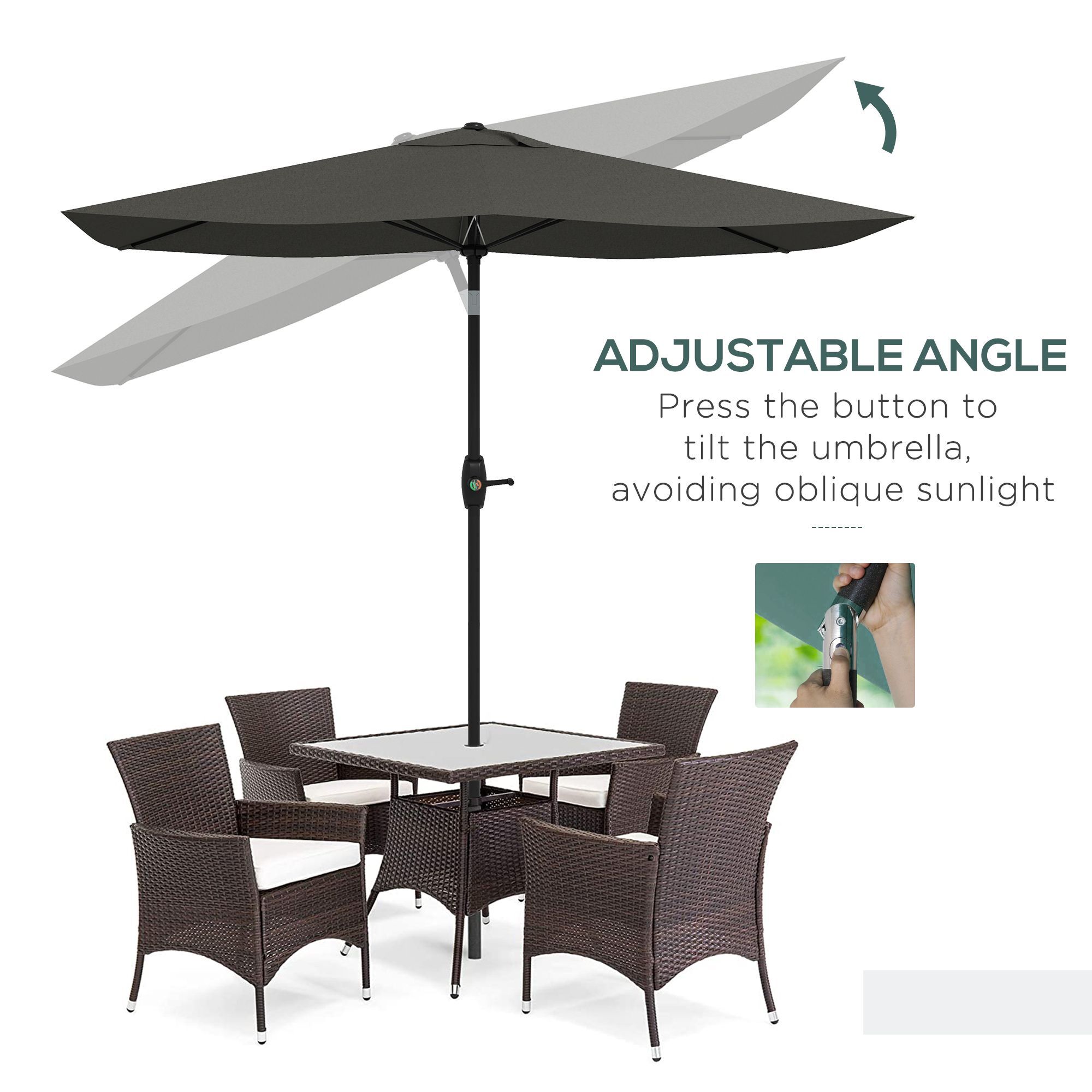 Outsunny 2 X 3(m) Garden Parasol Umbrella, Rectangular Outdoor Market Umbrella Sun Shade With Crank & Push Button Tilt, 6 Ribs, Aluminium Pole