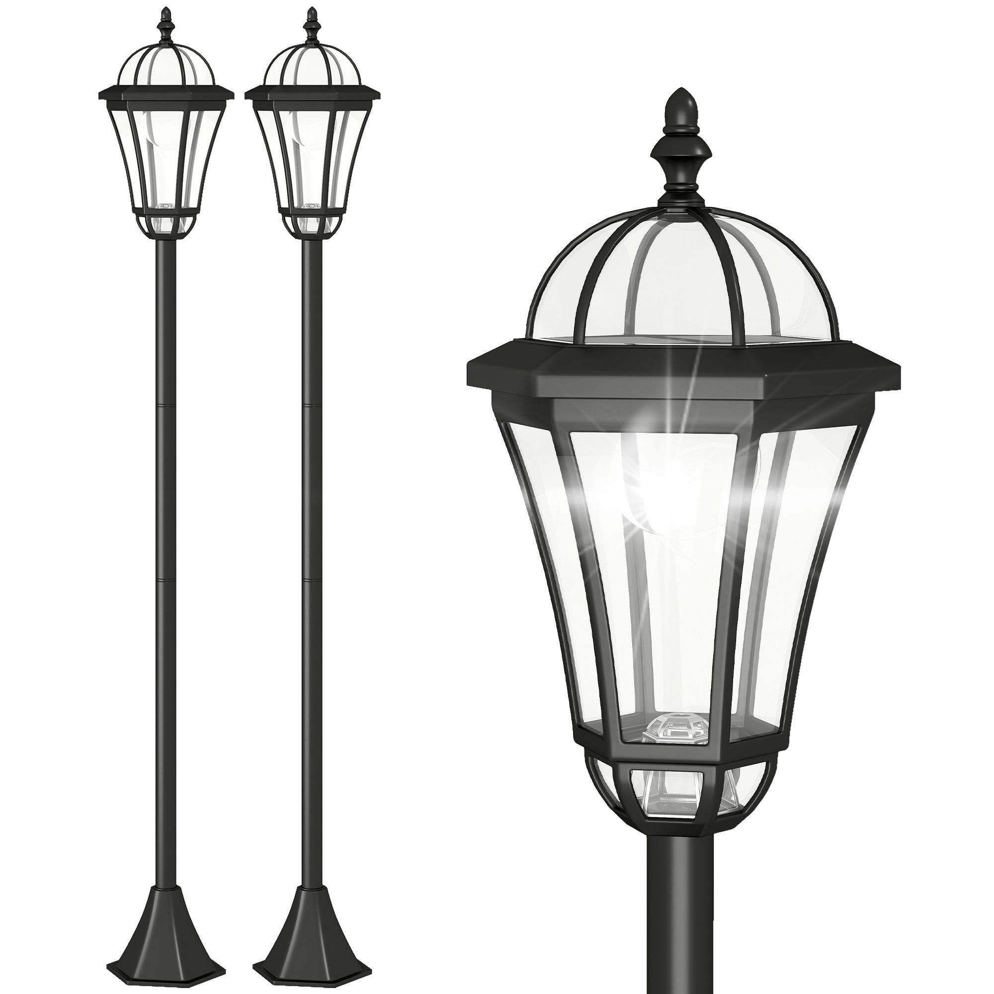 Outsunny 2 Pcs Led Garden Lights Lamp Post Solar Powered Lantern Patio Pathway Walkway Outdoor Water-resist Auto Switch 6-8 Hours Black