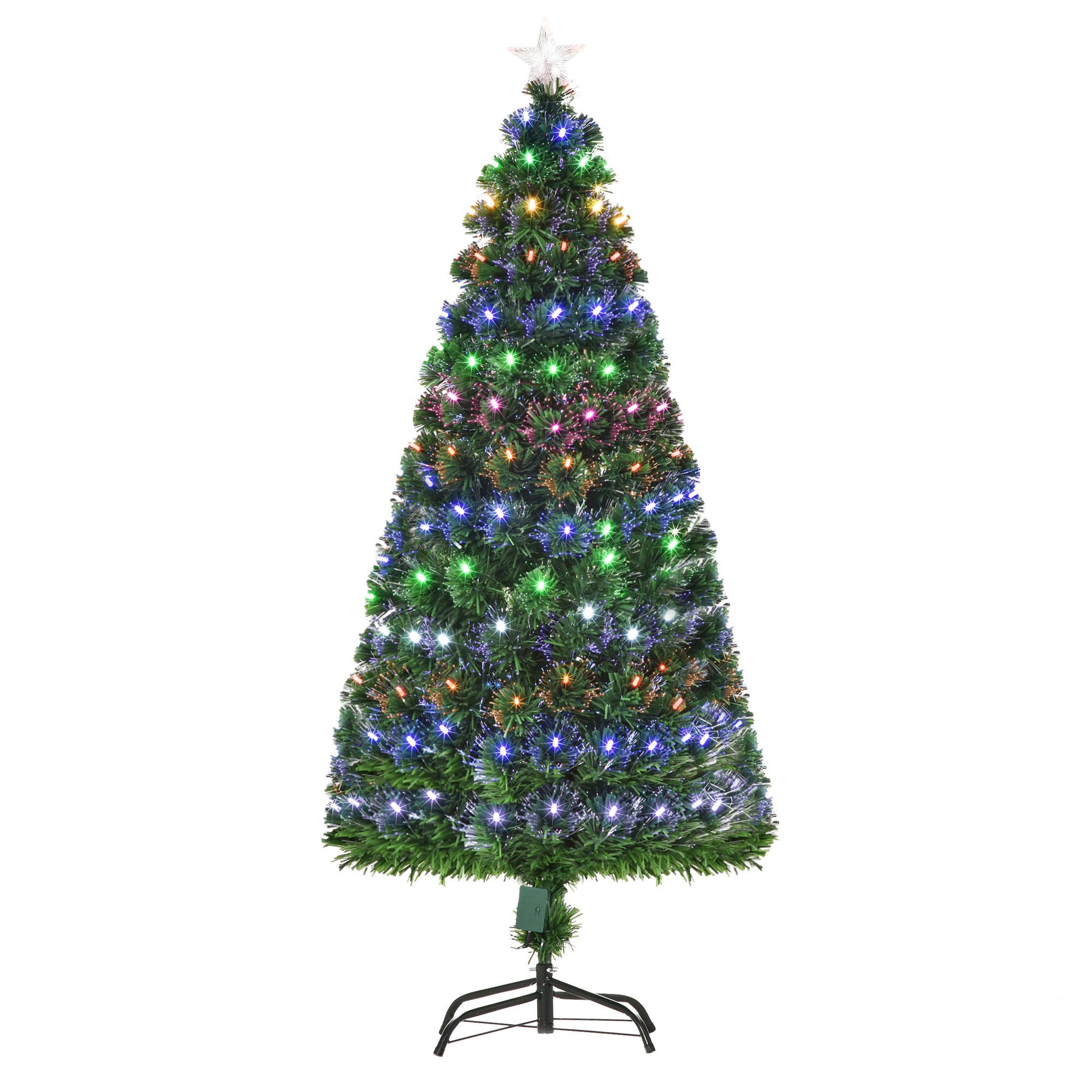 Homcom 5ft Pre-lit Fiber Optic Christmas Tree W/ Star Tree Topper, Solid Metal Base, 170 Branch Tips, 6 Color Led Lights Home Decoration - Green
