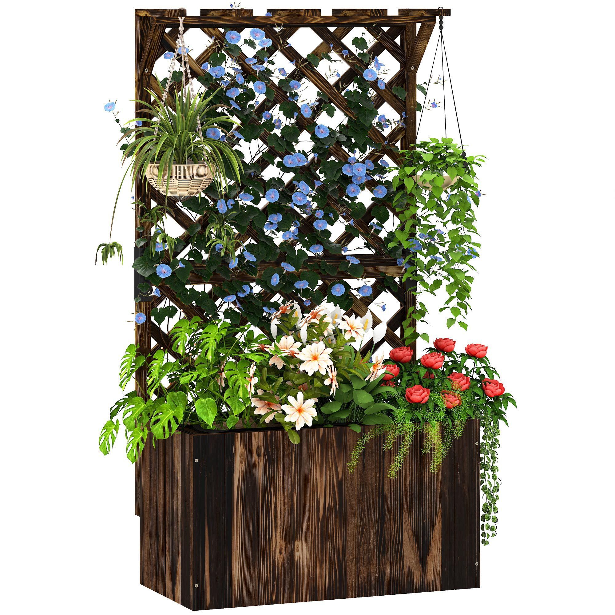Outsunny Wooden Planter With Trellis, Freestanding Raised Garden Bed With Drainage Holes, Outdoor Planter Box With Liner For Vegetables, Herbs And Flowers, Carbonised