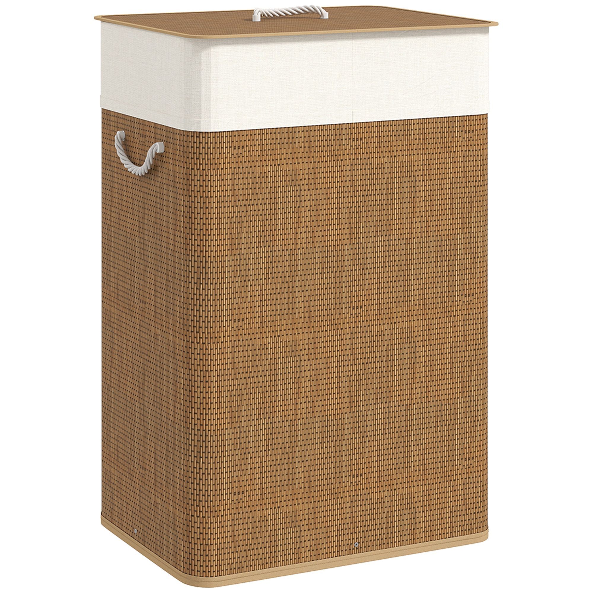 Homcom Bamboo Laundry Basket With Lid, 72l Laundry Hamper With Rope Handles, Washing Basket With Removable Washable Liner Bag For Bathroom, Bedroom, Brown