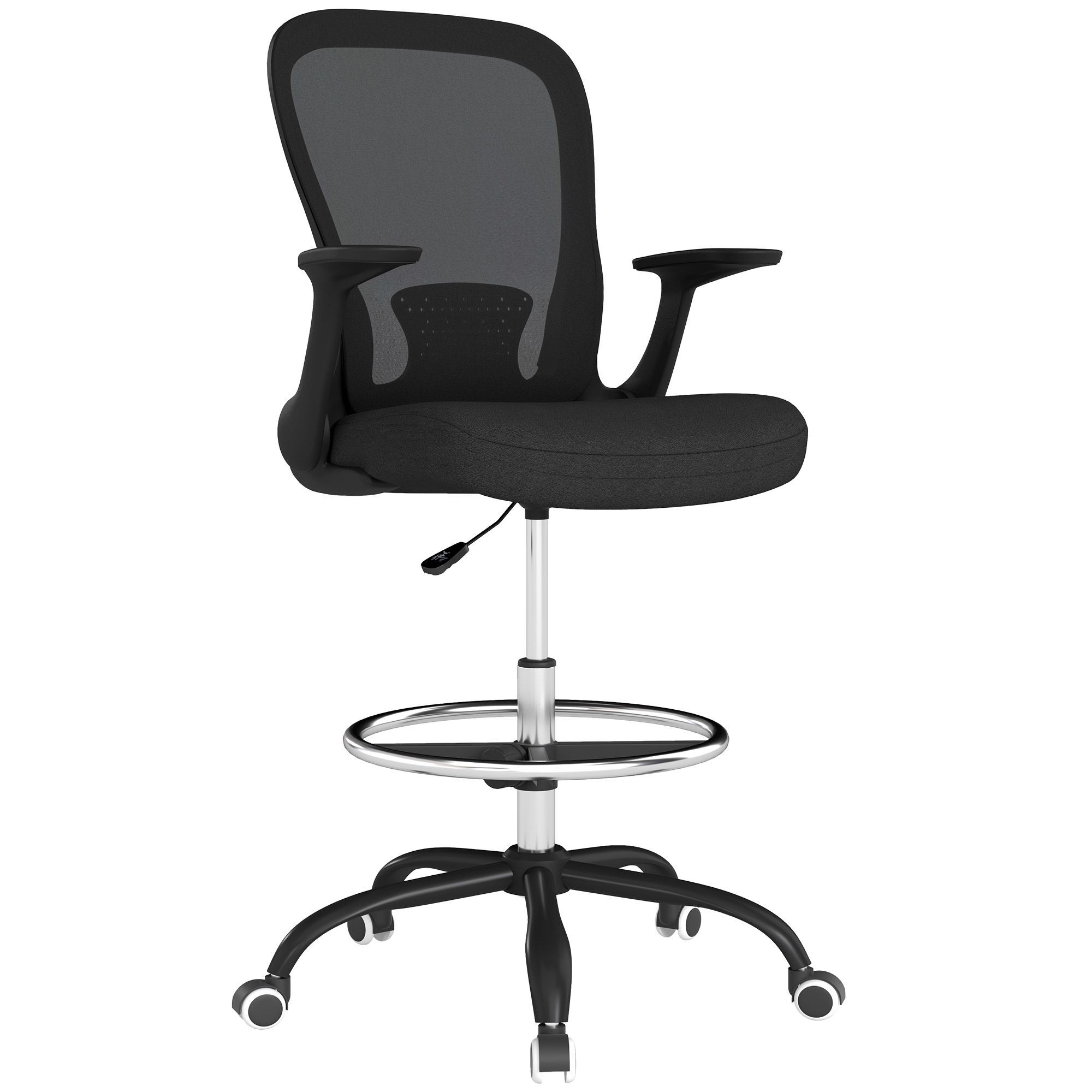 Homcom Draughtsman Chair, Mesh Drafting Chair, Ergonomic Office Chair With Flip-up Armrest, Adjustable Foot Ring, Black
