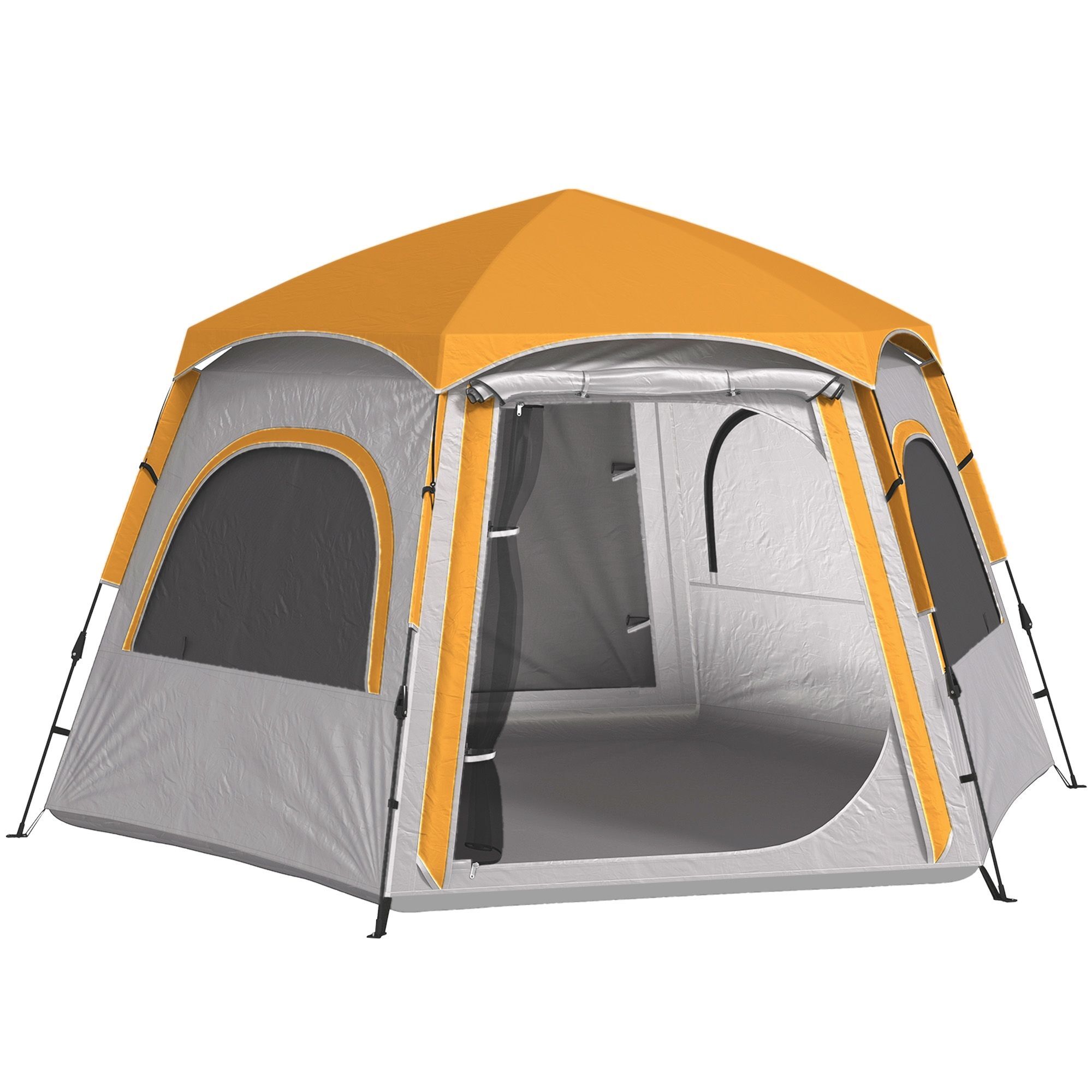 Outsunny Instant Camping Tent, 2/3/4 Person Easy Setup Family Tent With Vestibule, Rainfly, 4 Mesh Windows & 2 Doors, Hexagonal Design, Waterproof Uv Protected Dome Tent, Light Grey