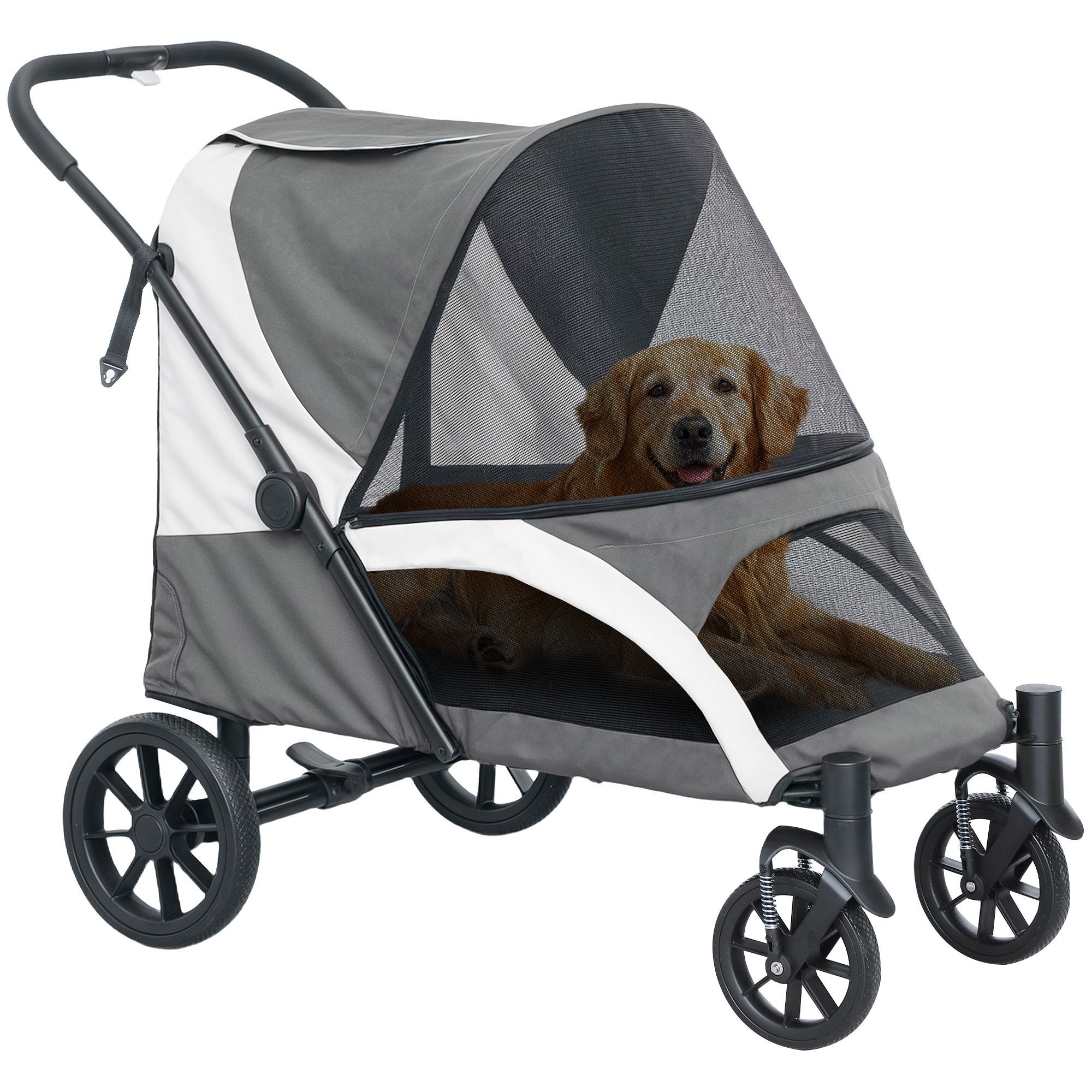 Pawhut Easy Folding Pet Stroller For Large Dogs With 4 Big Wheels, Shock Absorb Frame, Safety Leashes, Brakes, Dark Grey