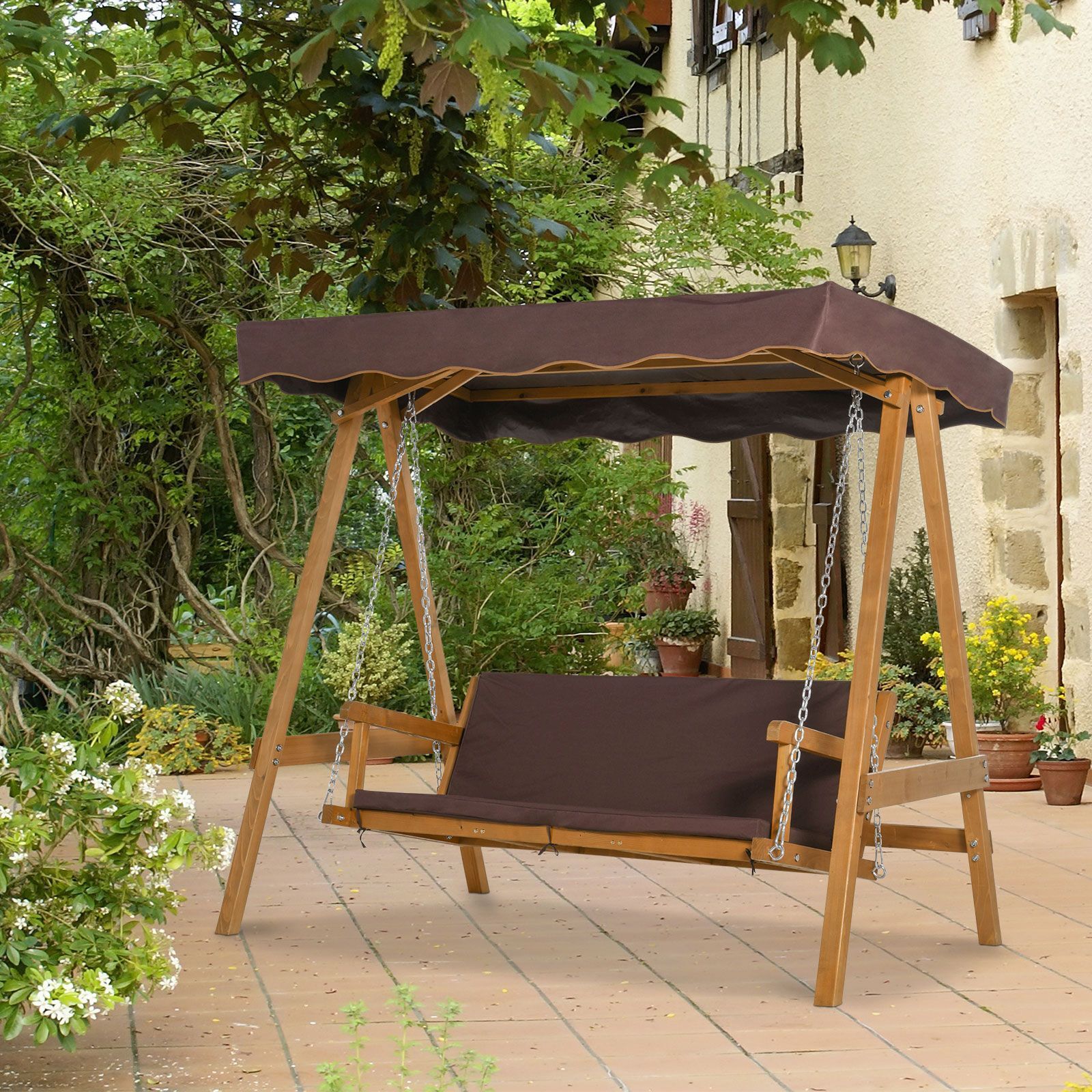 Outsunny 3 Seater Outdoor Garden Swing Chair With Adjustable Canopy, Wooden Hammock Bench With Padded Cushions For Patio Yard, Brown