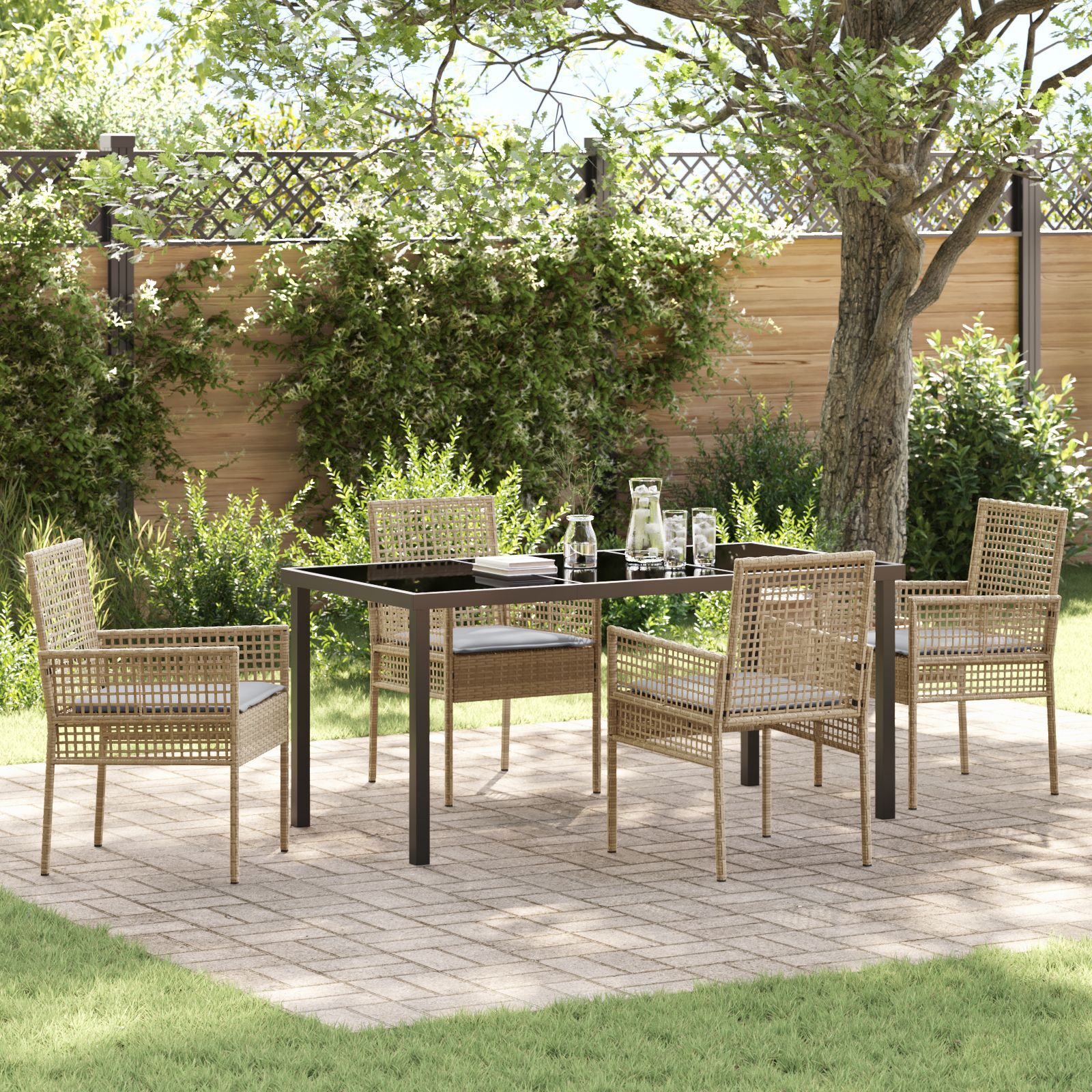 Vidaxl 5 Piece Garden Dining Set With Cushions Beige Poly Rattan