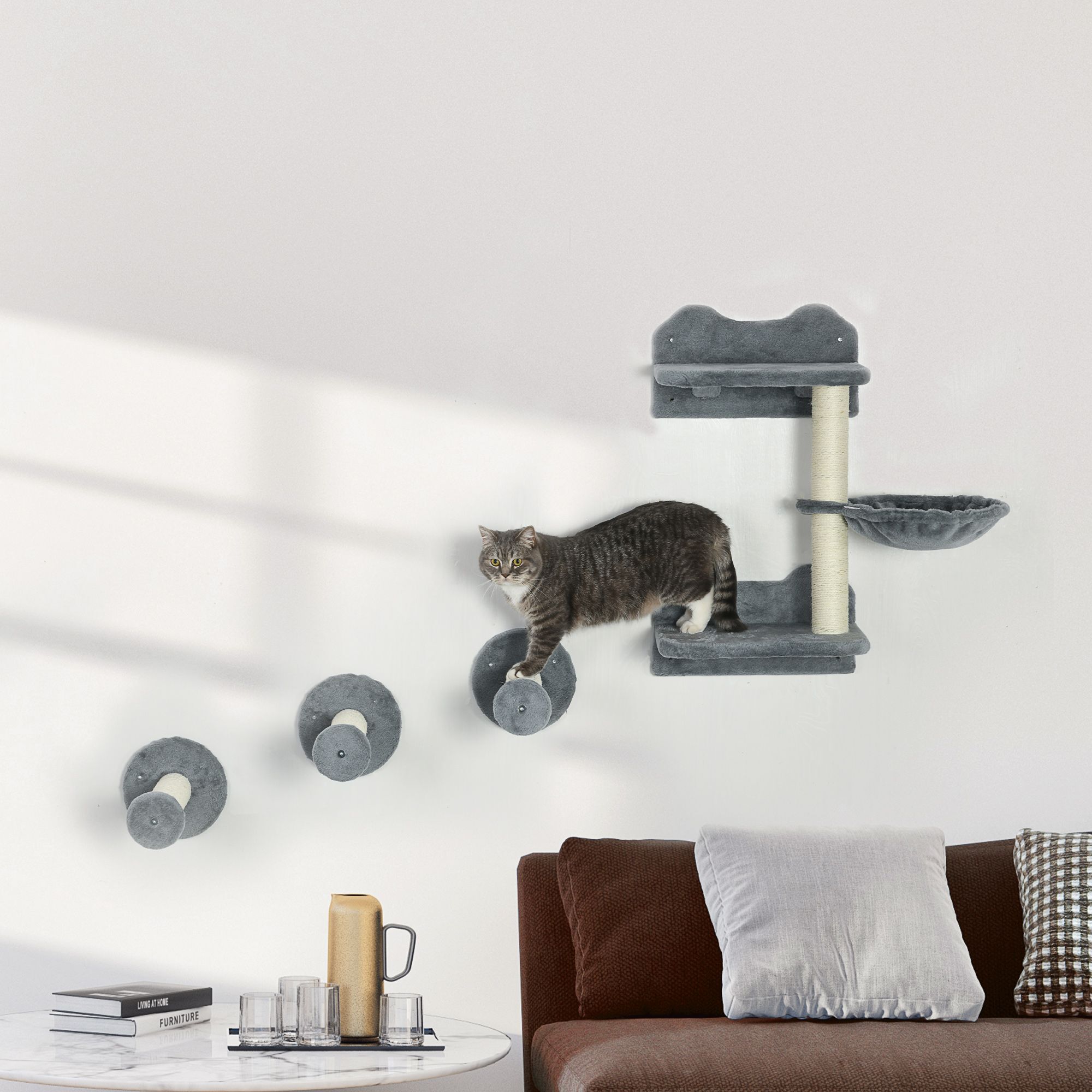 Pawhut Four-piece Cat Shelf With Scratching Post, Wall-mounted Cat Tree For Indoor Cat - Grey