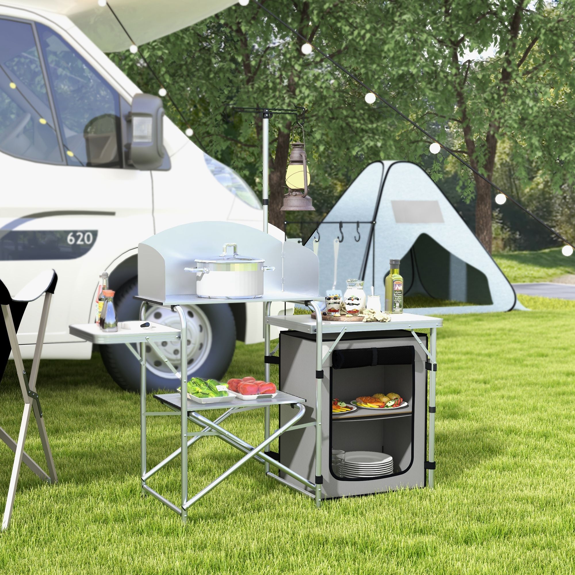 Outsunny Camping Kitchen W/ Storage Cupboard, Folding Camping Table, Aluminium Picnic Table W/ Windshield, Light Stand, Carrying Bag