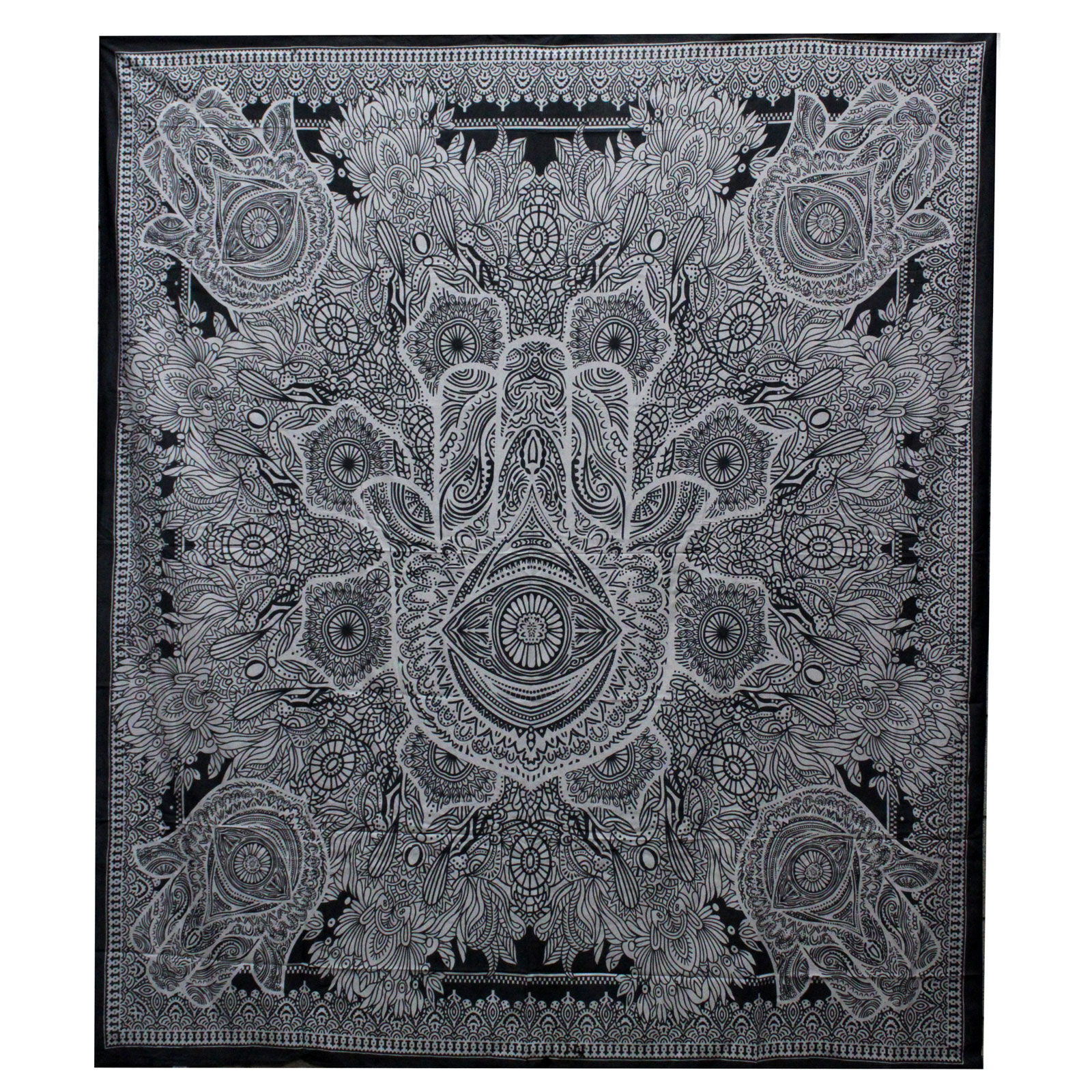 B&w Double Cotton Bedspread + Wall Hanging - Hamsa