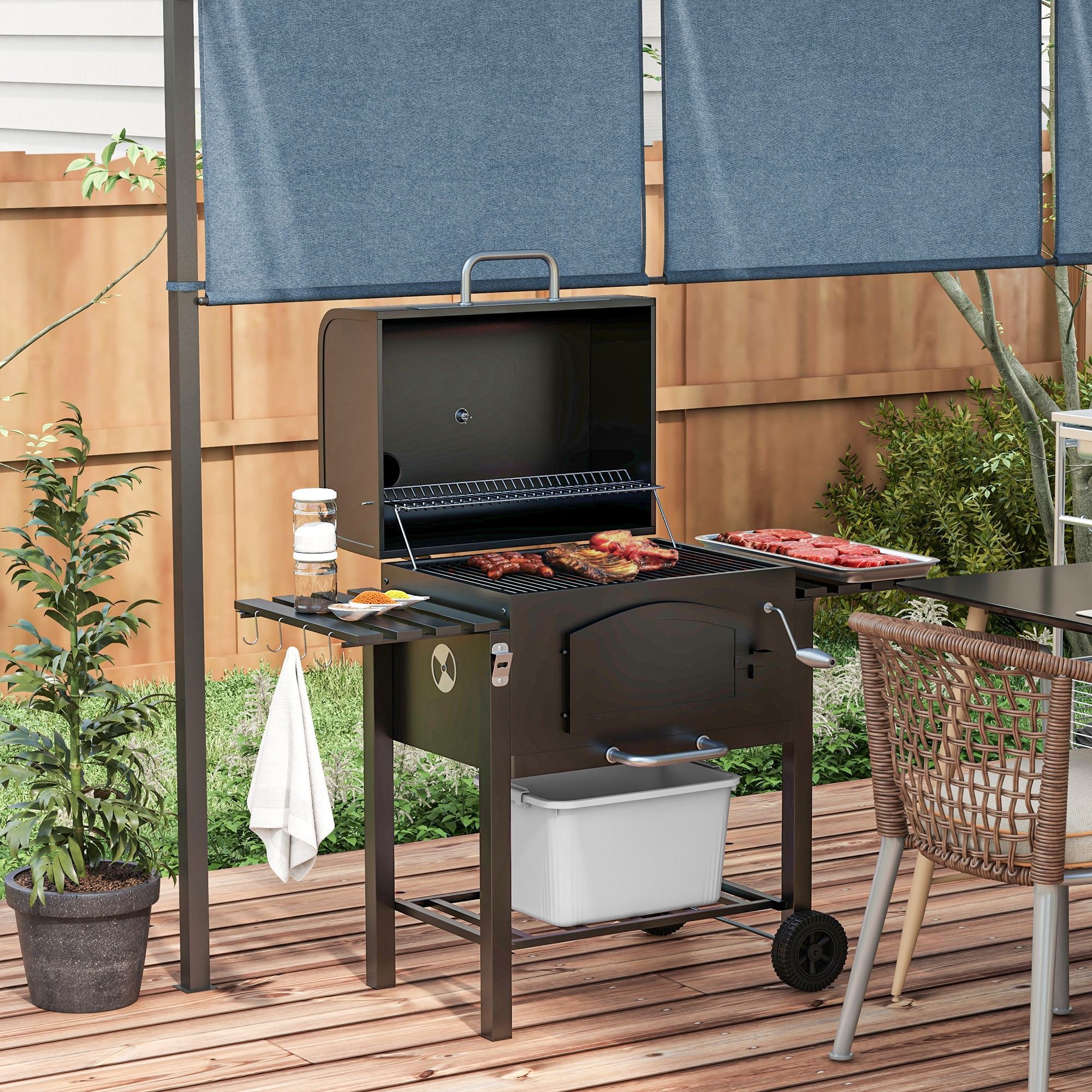 Outsunny Charcoal Barbecue Grill Trolley Garden Smoker With Shelves, Adjustable Height, Thermometer On Lid, Opener And Wheels