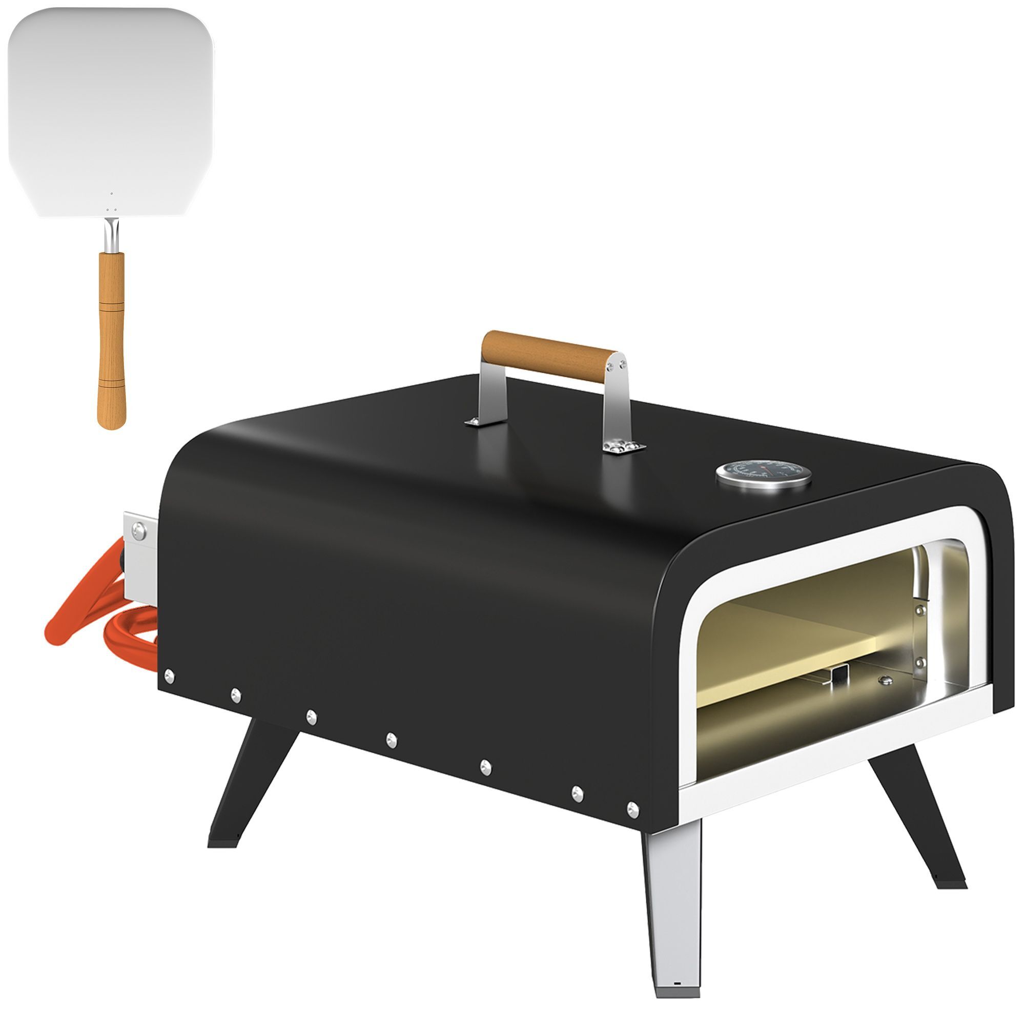Outsunny Outdoor Tabletop Gas Pizza Oven With 12" Stone And Peel, Portable Pizza Oven Maker With Thermometer, Foldable Legs, Handle, Gas Hose And Regulator, Black