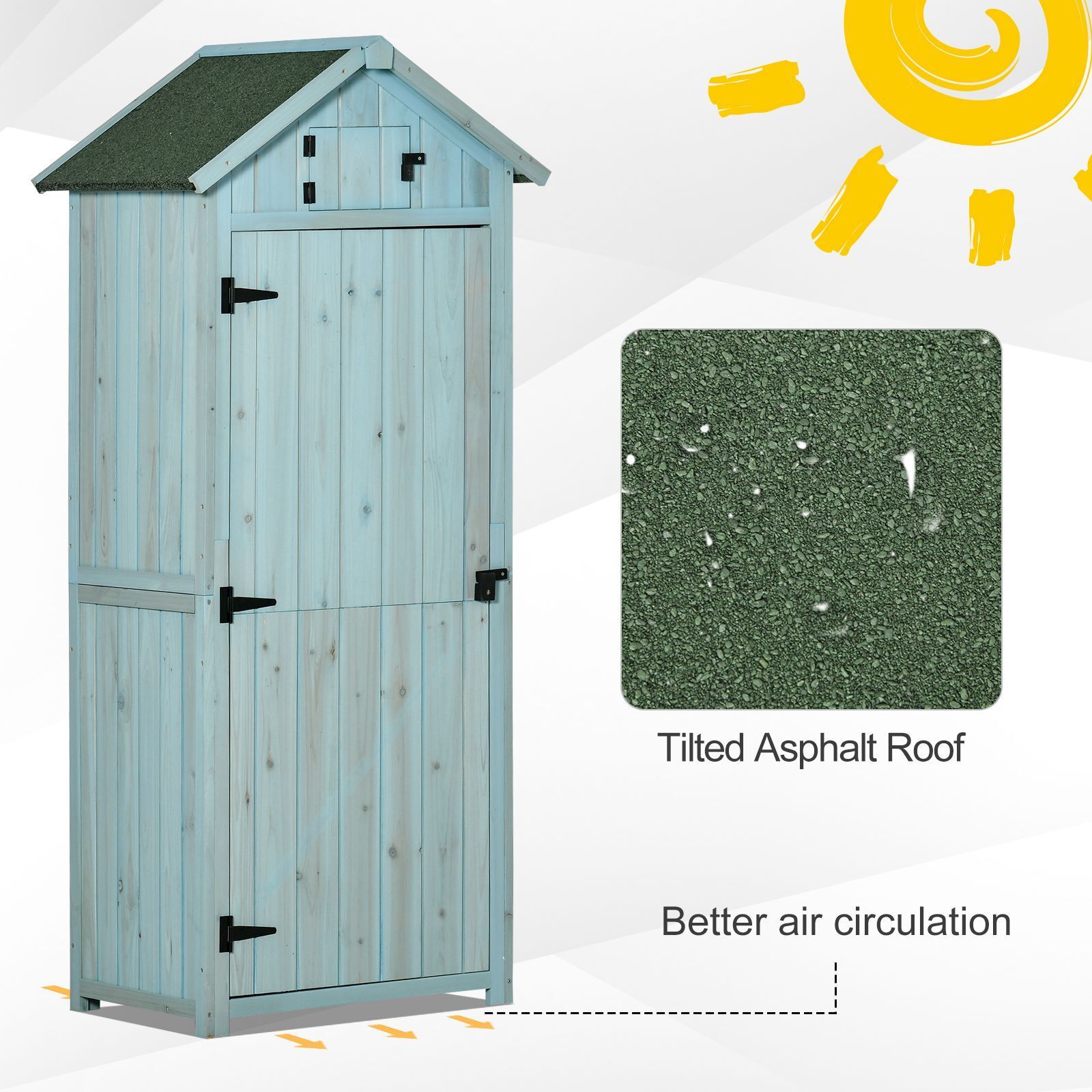 Outsunny Garden Shed Vertical Utility 3 Shelves Shed Wood Outdoor Garden Tool Storage Unit Storage Cabinet, 77 X 54.2 X 179cm - Blue