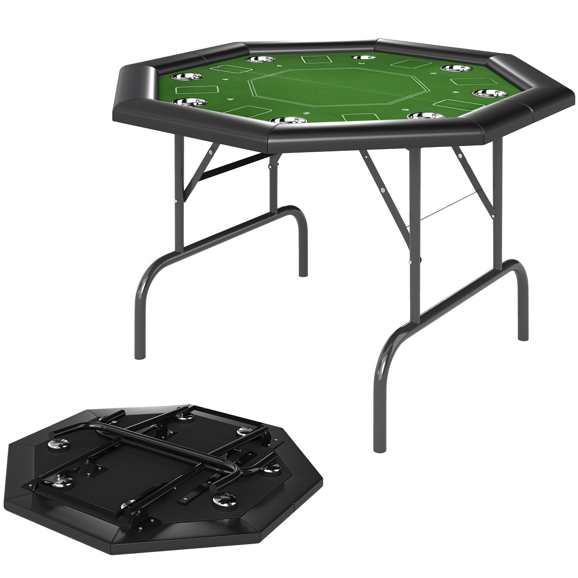 Sportnow 8 Player Folding Poker Table, Portable Octagon Blackjack Table With Cup Holders With Cup Holders, Padded Edge, Green
