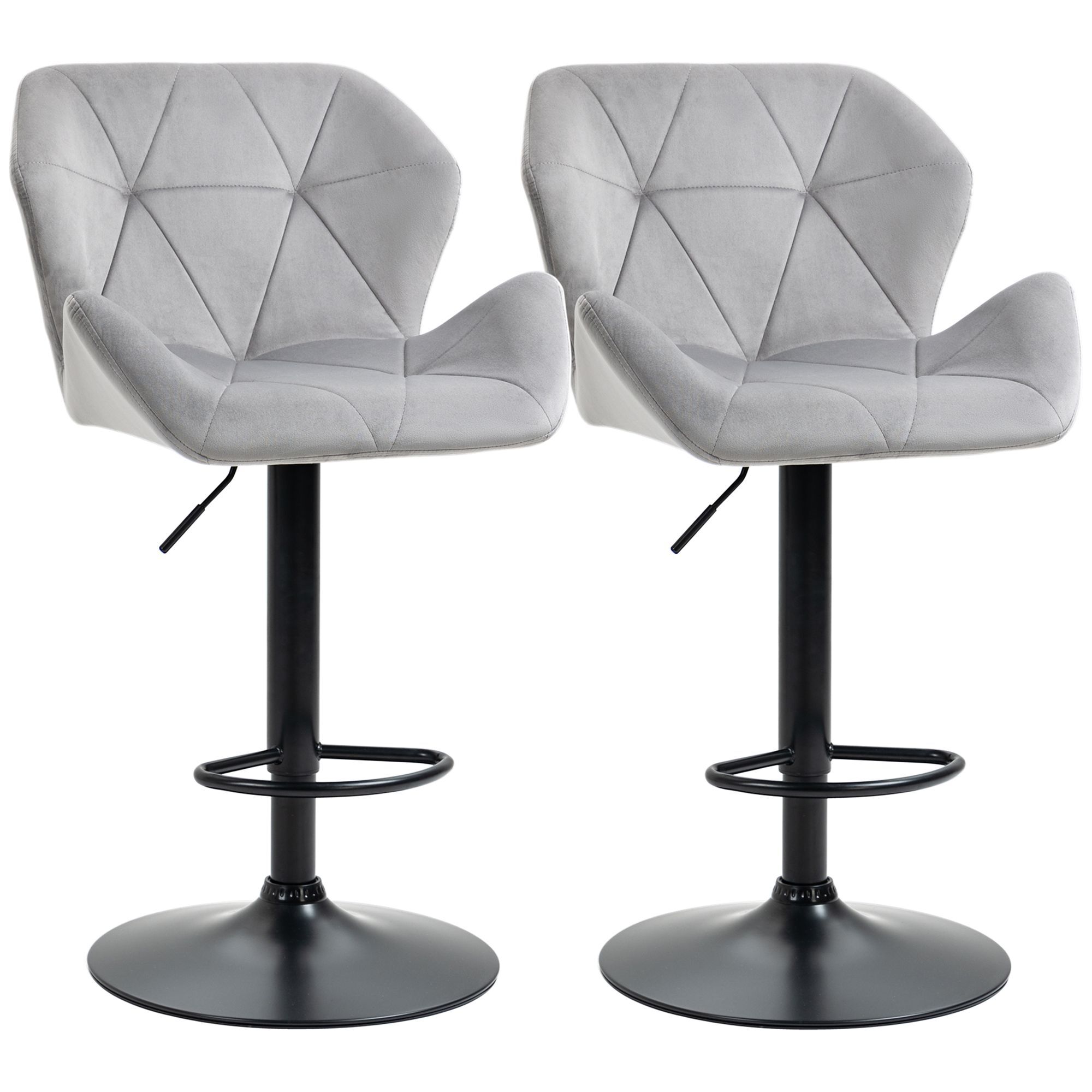 Homcom Set Of 2 Bar Stools With Backs, Velvet-touch Barstools W/ Metal Frame Footrest Triangle Indenting Moulded Seat Adjustable Height Swivel Grey