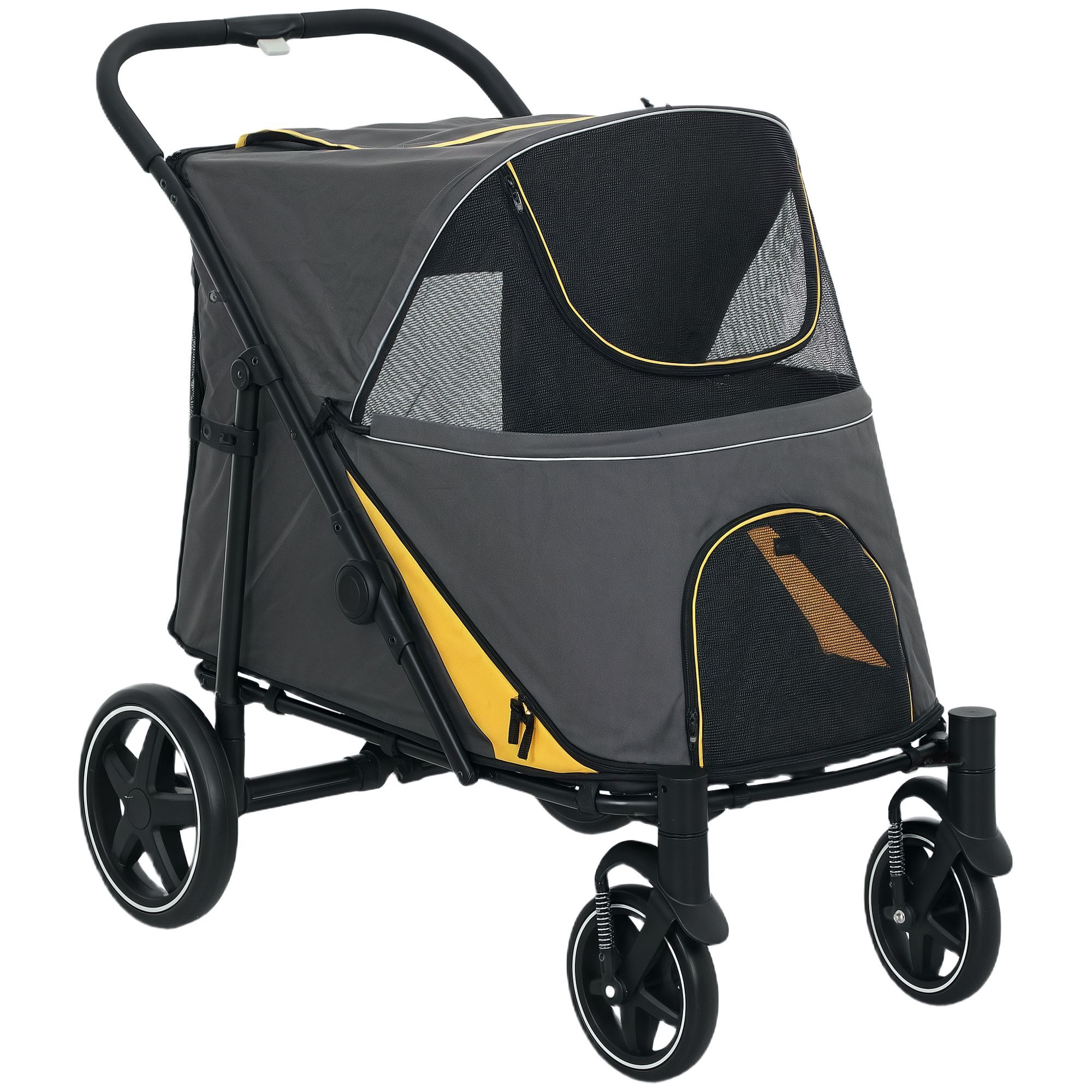 Pawhut Pet Stroller With Universal Front Wheels, Shock Absorber, One Click Foldable Dog Cat Carriage With Brakes, Storage Bags, Mesh Window Dark Grey