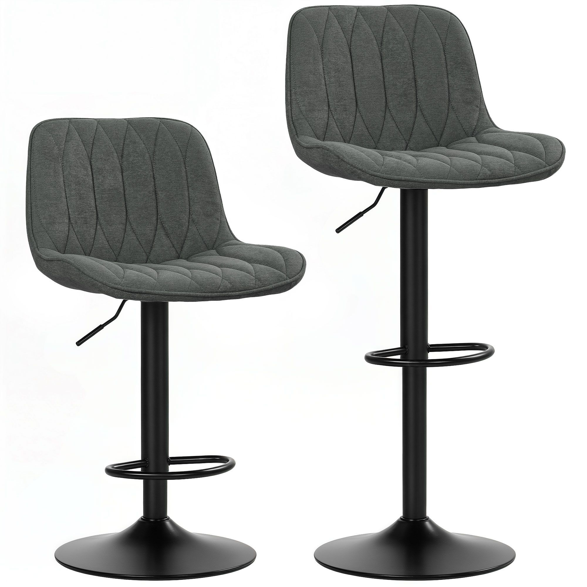 Homcom Bar Stools Set Of 2, Height Adjustable Swivel Barstools With Backrest And Footrest, Modern Linen Upholstered Armless Bar Chairs For Kitchen, Breakfast Counter, Charcoal Grey