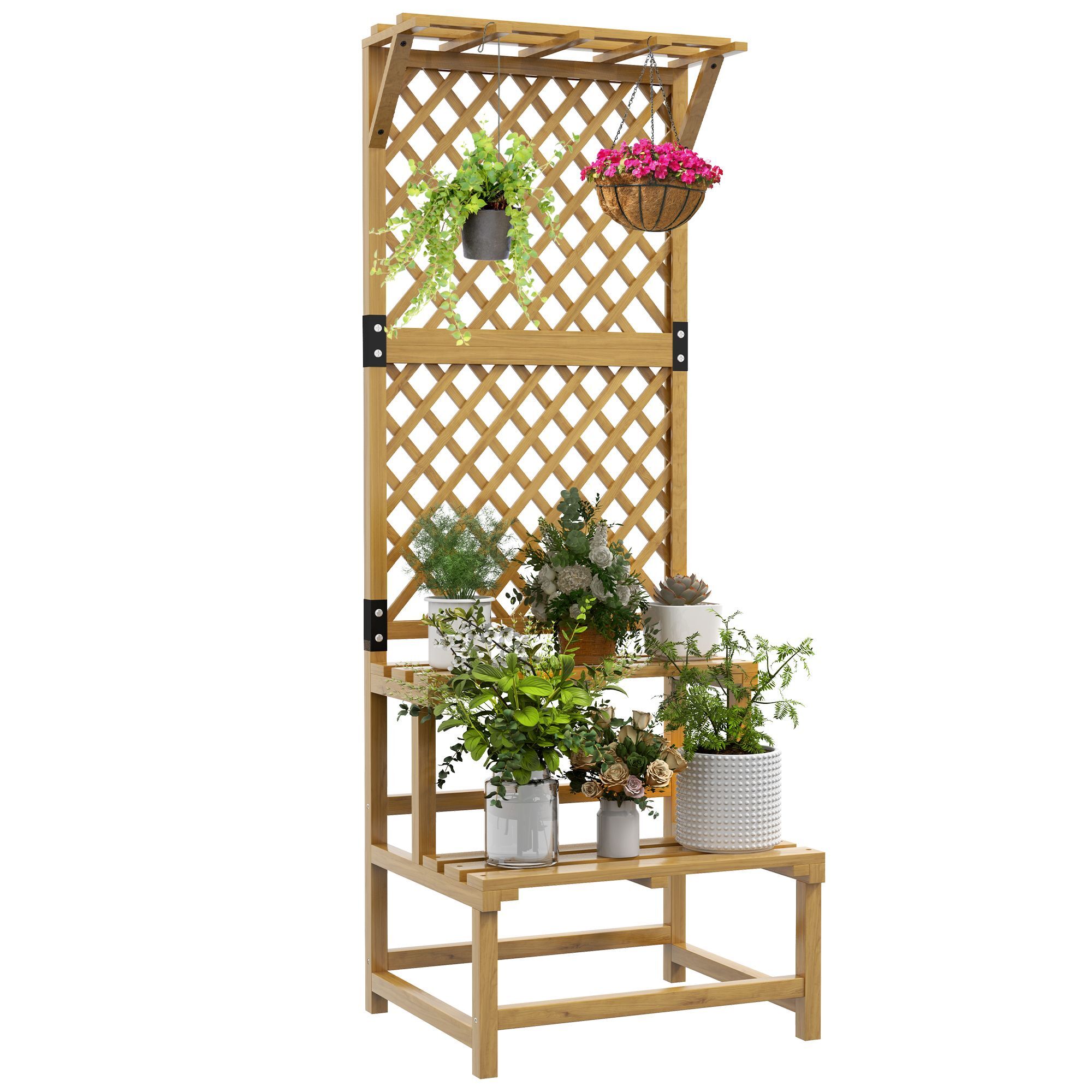 Outsunny Wooden Plant Stand With Trellis, Freestanding Raised Garden Bed For Climbing Plants, Planter Box To Grow Vegetables, Herbs And Flowers For Garden, Patio, Yellow