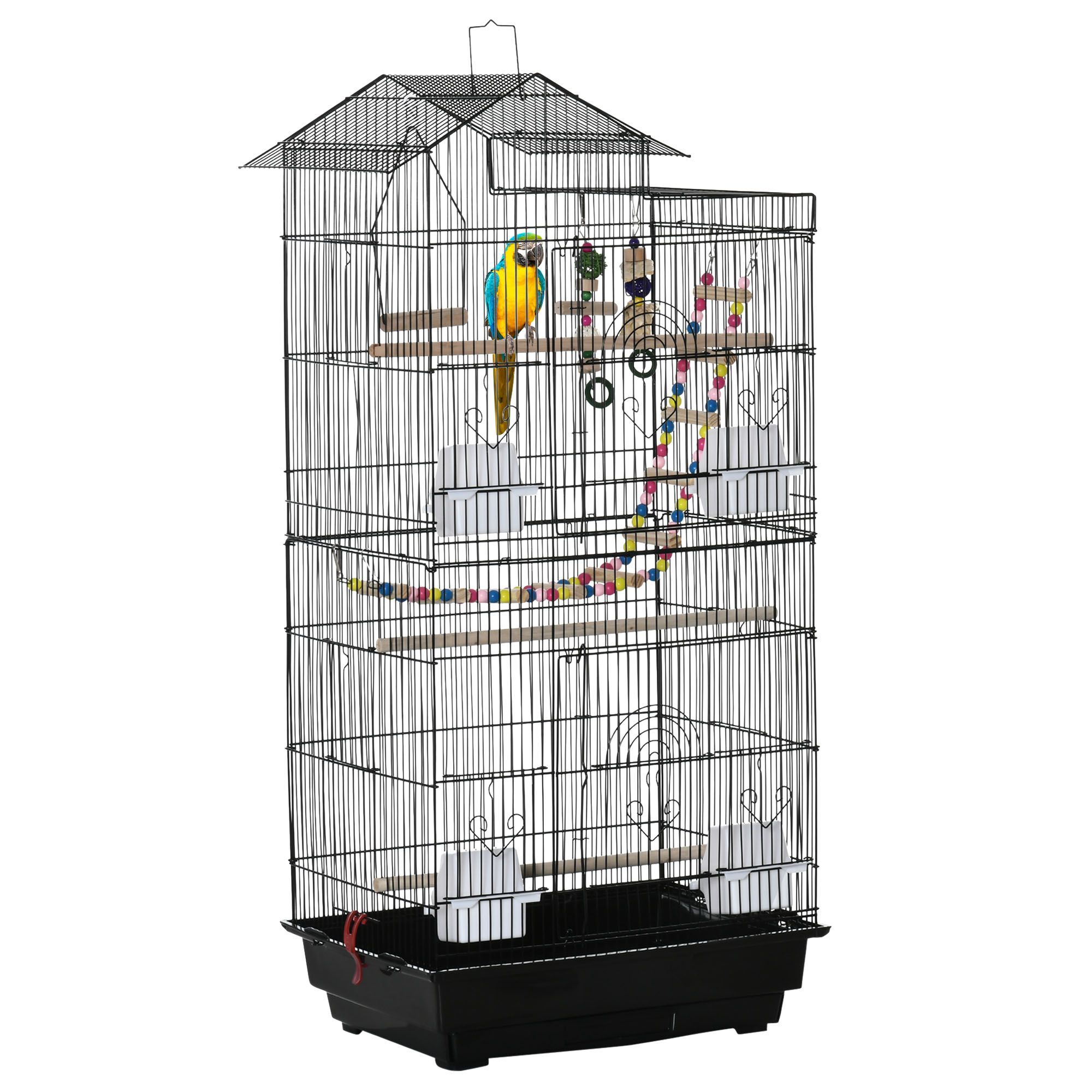 Pawhut Bird Cage For Budgies Finches Canaries With Accessories, Toys, Tray, Handle, 46 X 36 X 100 Cm, Black